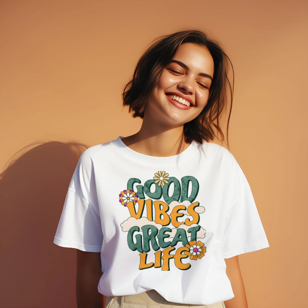 Model smiling wearing Good Vibes Great Life funny graphic tee by Mitten Hippie Apparel