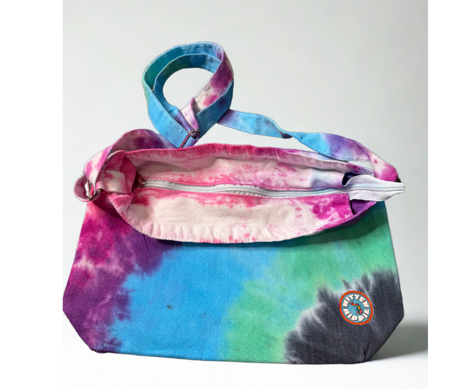 Purple, Pink, Teal, Blue and Black Bullseye Tie Dye Crossbody Bag – Boho Festival Purse | Mitten Hippie