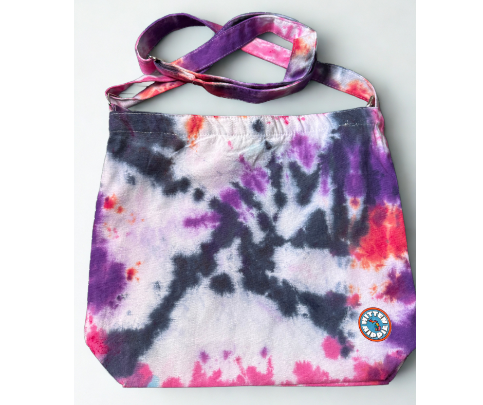 Purple, Pink, and Black Tie Dye Crossbody Bag – Boho Festival Purse | Mitten Hippie