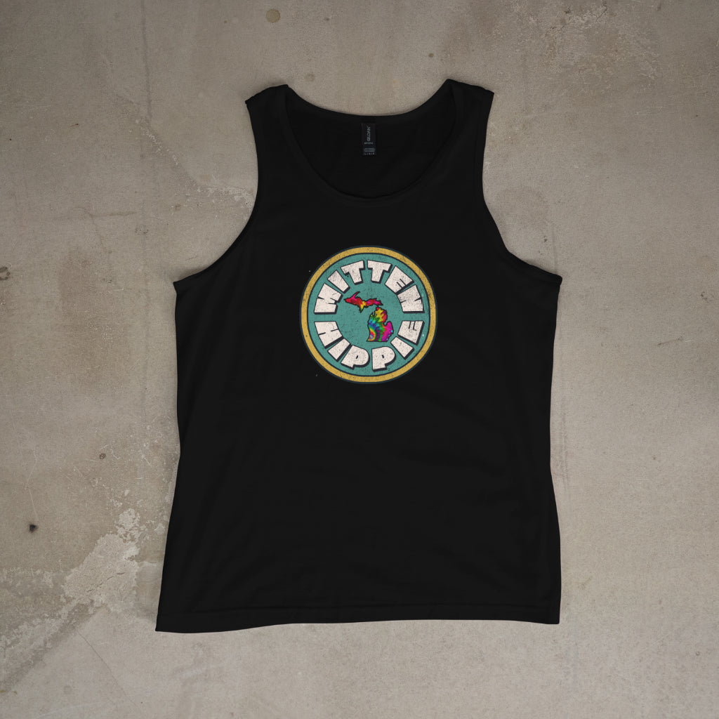 Mustard and Teal Mitten Hippie Logo Flowy Racerback Tank – Boho Graphic Workout Top