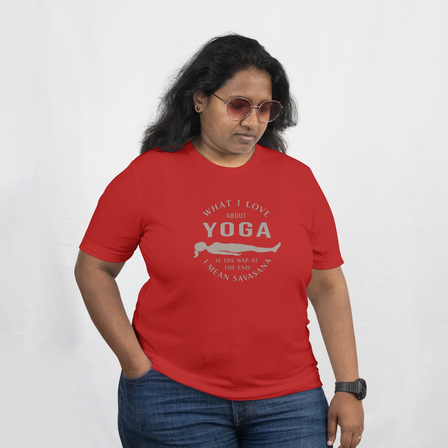 What I Love About Yoga Glitter T-Shirt – Funny Savasana Unisex Tee