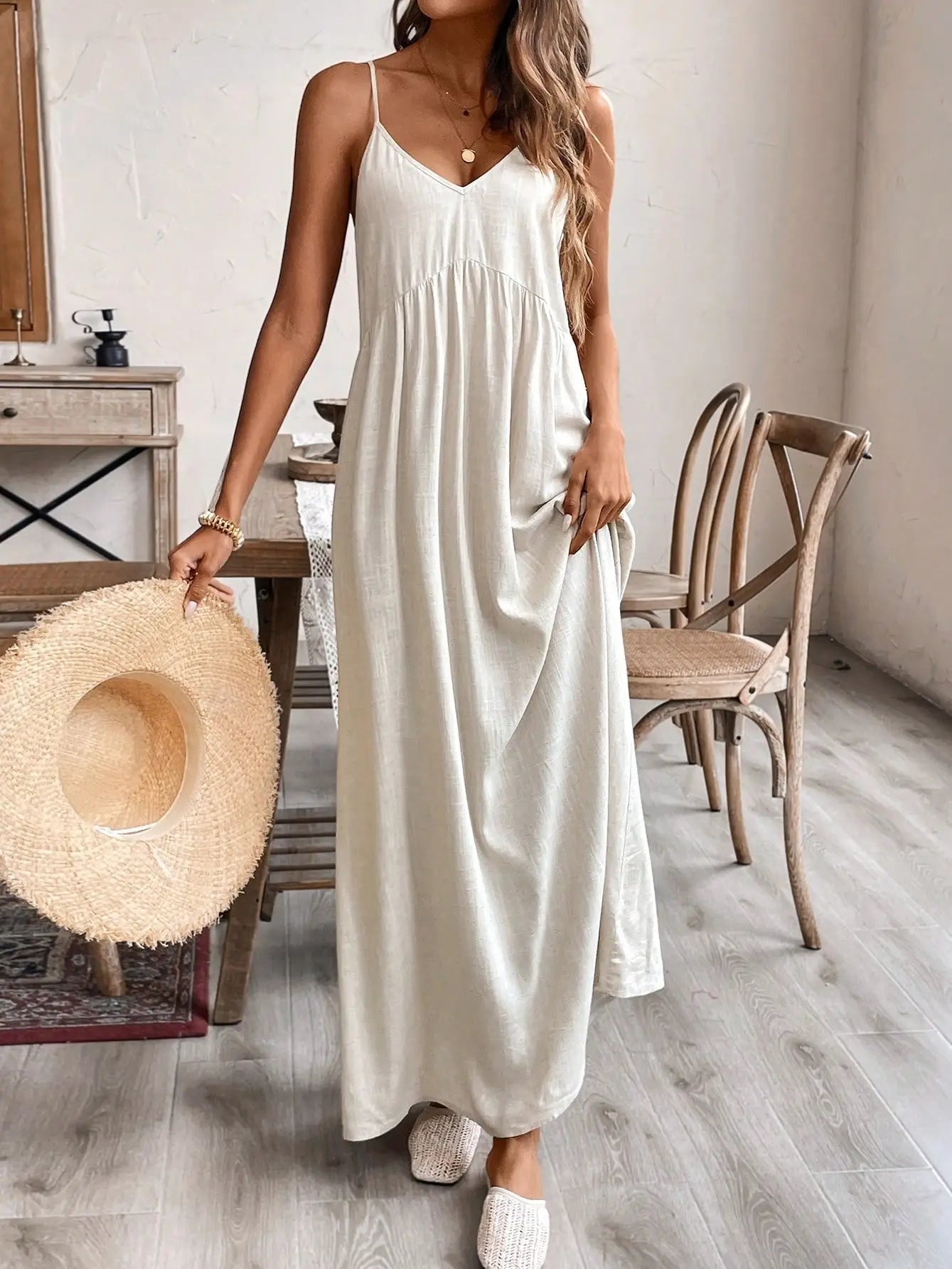 Green, Blue & Pink Splash Tie Dye Halter Dress – Loose Fit Cotton-Linen Boho Sundress