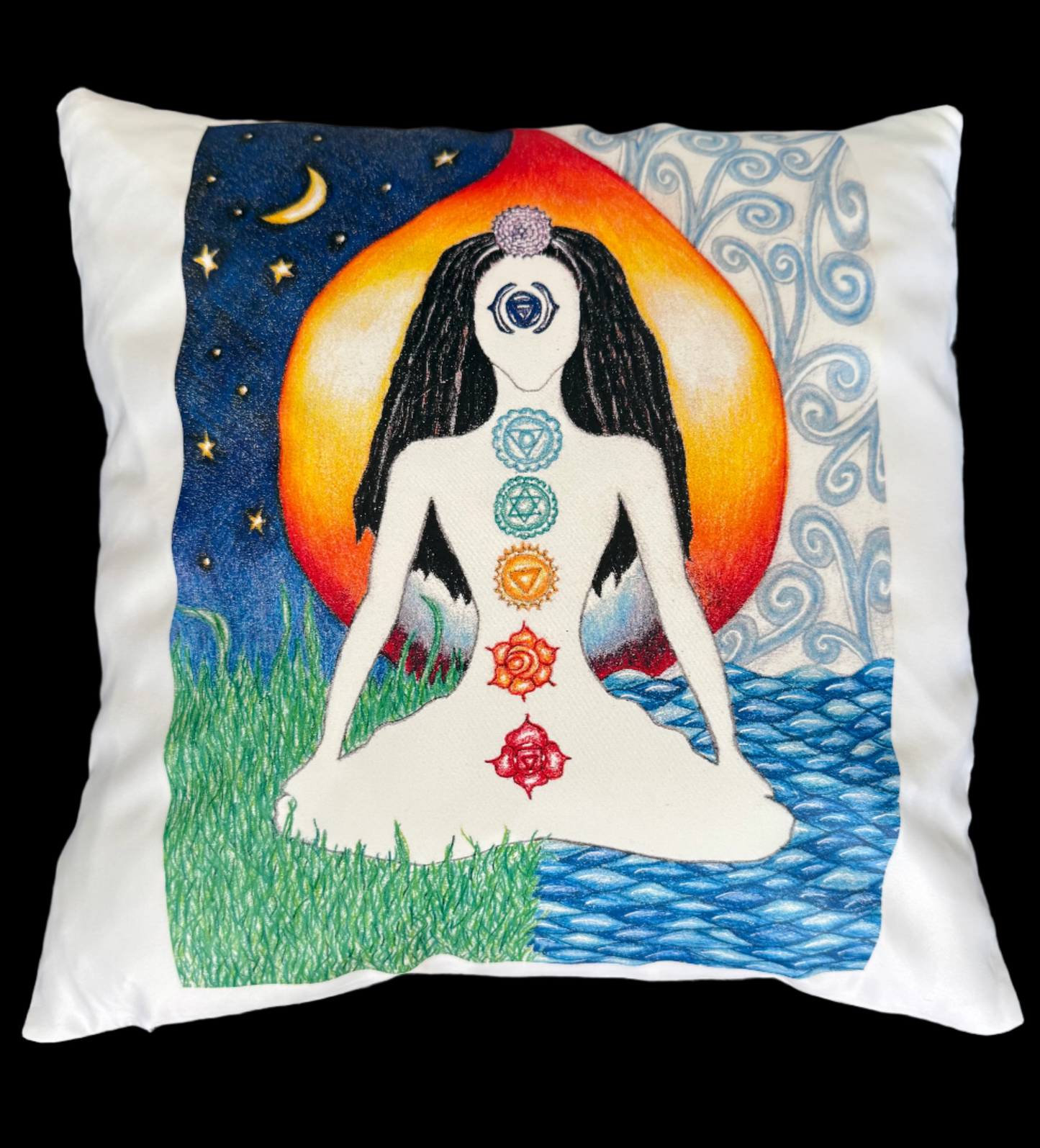 Cojín decorativo con diseño de la Dama del Chakra de la Luz – Cojín decorativo espiritual dibujado a mano | Mitten Hippie