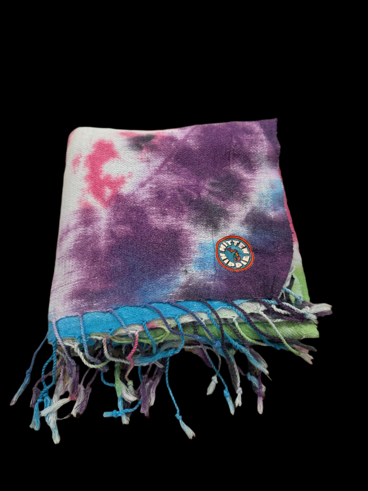 Toalla de playa turca con efecto tie-dye en espiral, negra, azul claro, verde lima, fucsia y morada: secado rápido y antiarena | Mitten Hippie