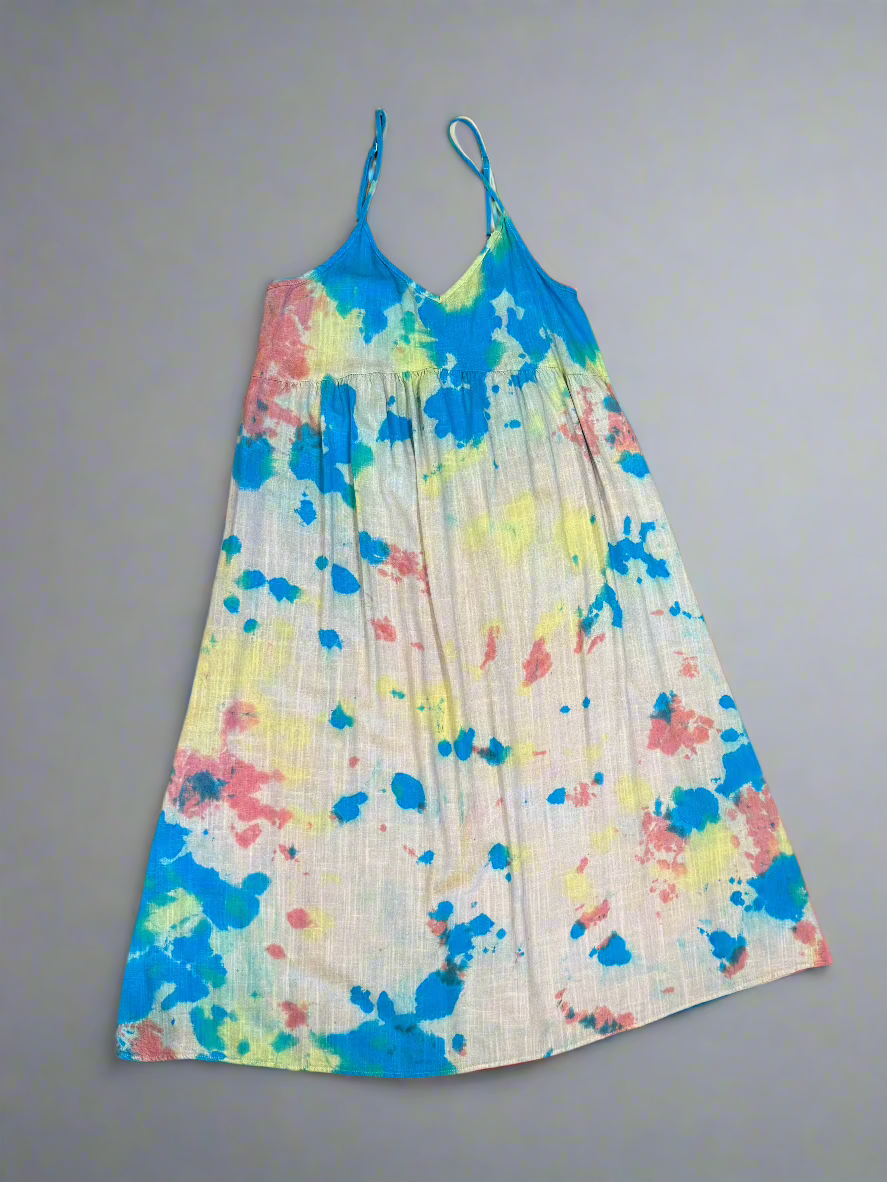 Blue, Yellow, Teal & Coral Marble Tie Dye Halter Dress – Loose Fit Cotton-Linen Boho Sundress