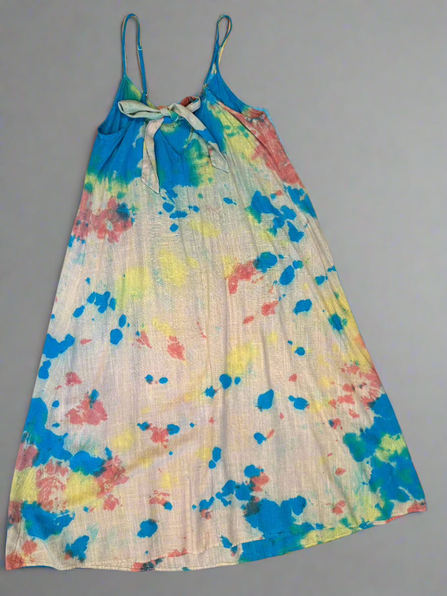 Blue, Yellow, Teal & Coral Marble Tie Dye Halter Dress – Loose Fit Cotton-Linen Boho Sundress