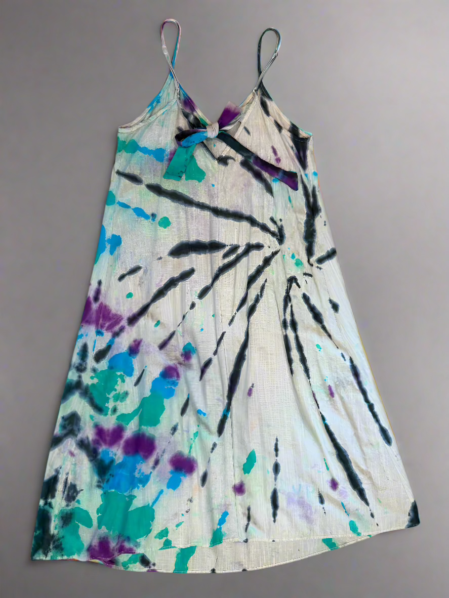 Tie Dye Blue, Black, Teal & Purple Swirl Tie Dye Halter Dress – Loose Fit Cotton-Linen Boho Sundress