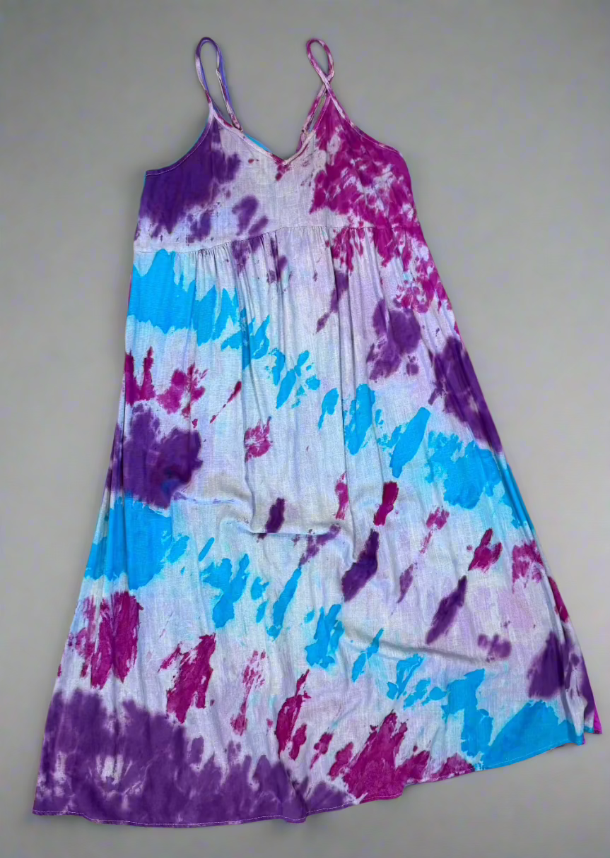 Blue, Pink & Purple Diagonal Stripe Tie Dye Halter Dress – Cotton-Linen Boho Sundress