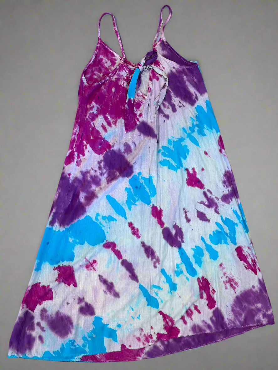 Blue, Pink & Purple Diagonal Stripe Tie Dye Halter Dress – Cotton-Linen Boho Sundress