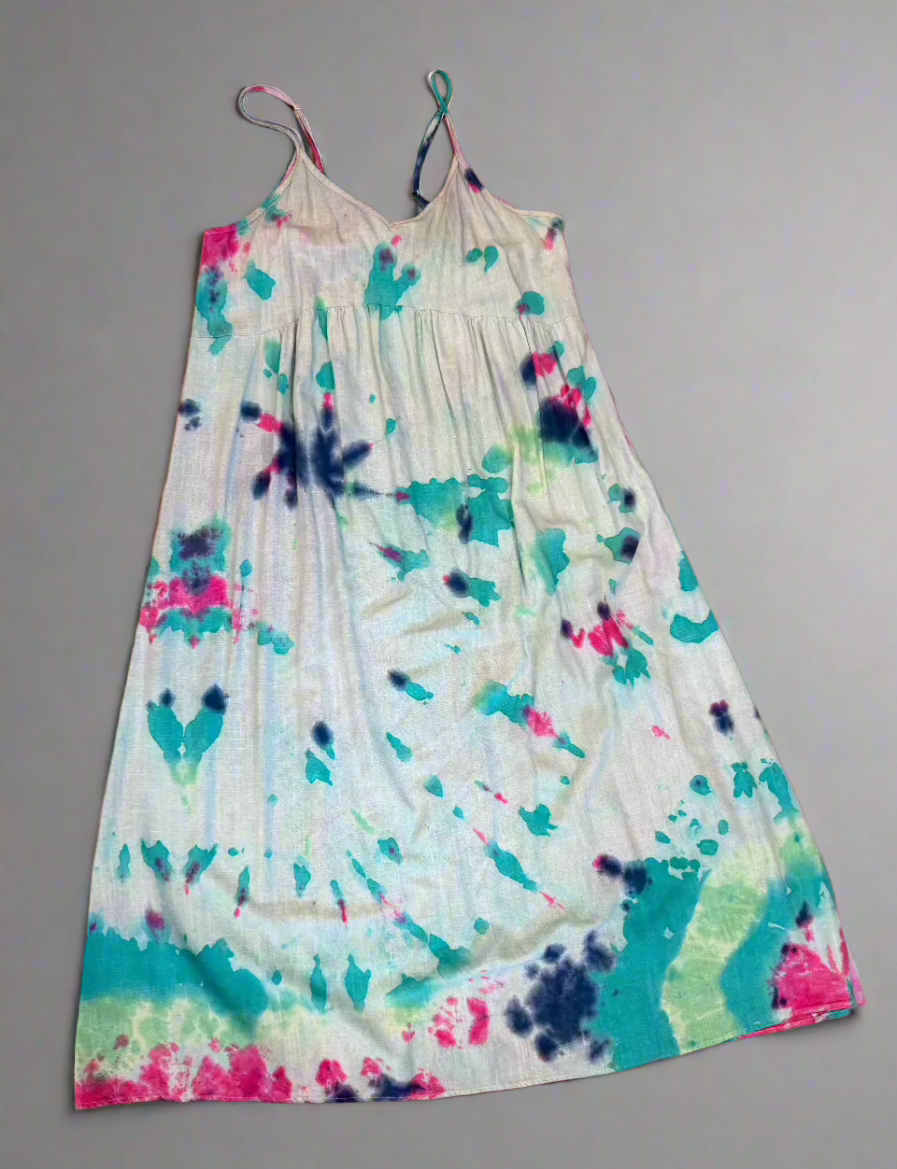 Green, Blue & Pink Splash Tie Dye Halter Dress – Loose Fit Cotton-Linen Boho Sundress