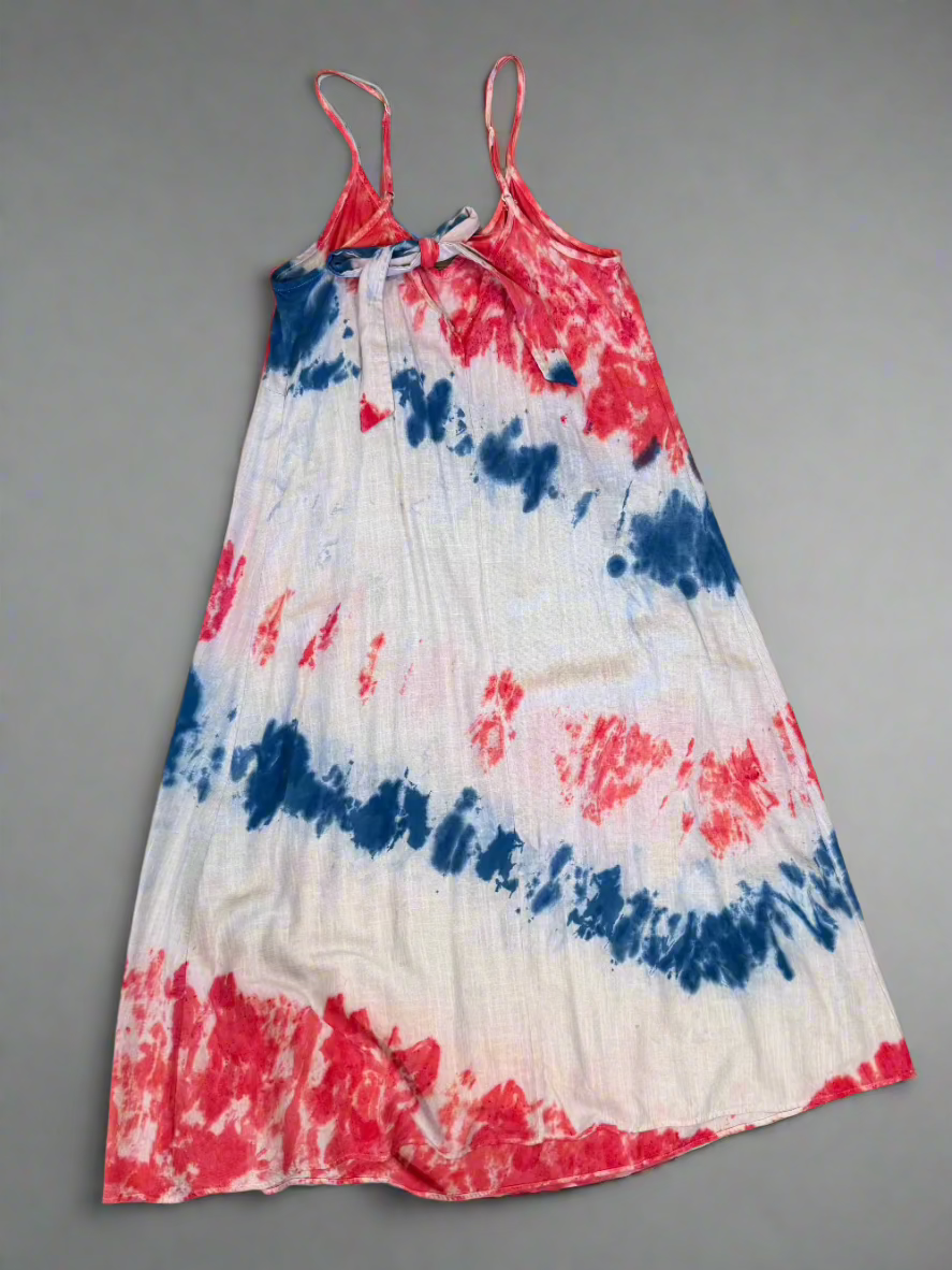 Red, White & Blue Tie Dye Halter Dress – Vertical Stripe Cotton-Linen Boho Sundress
