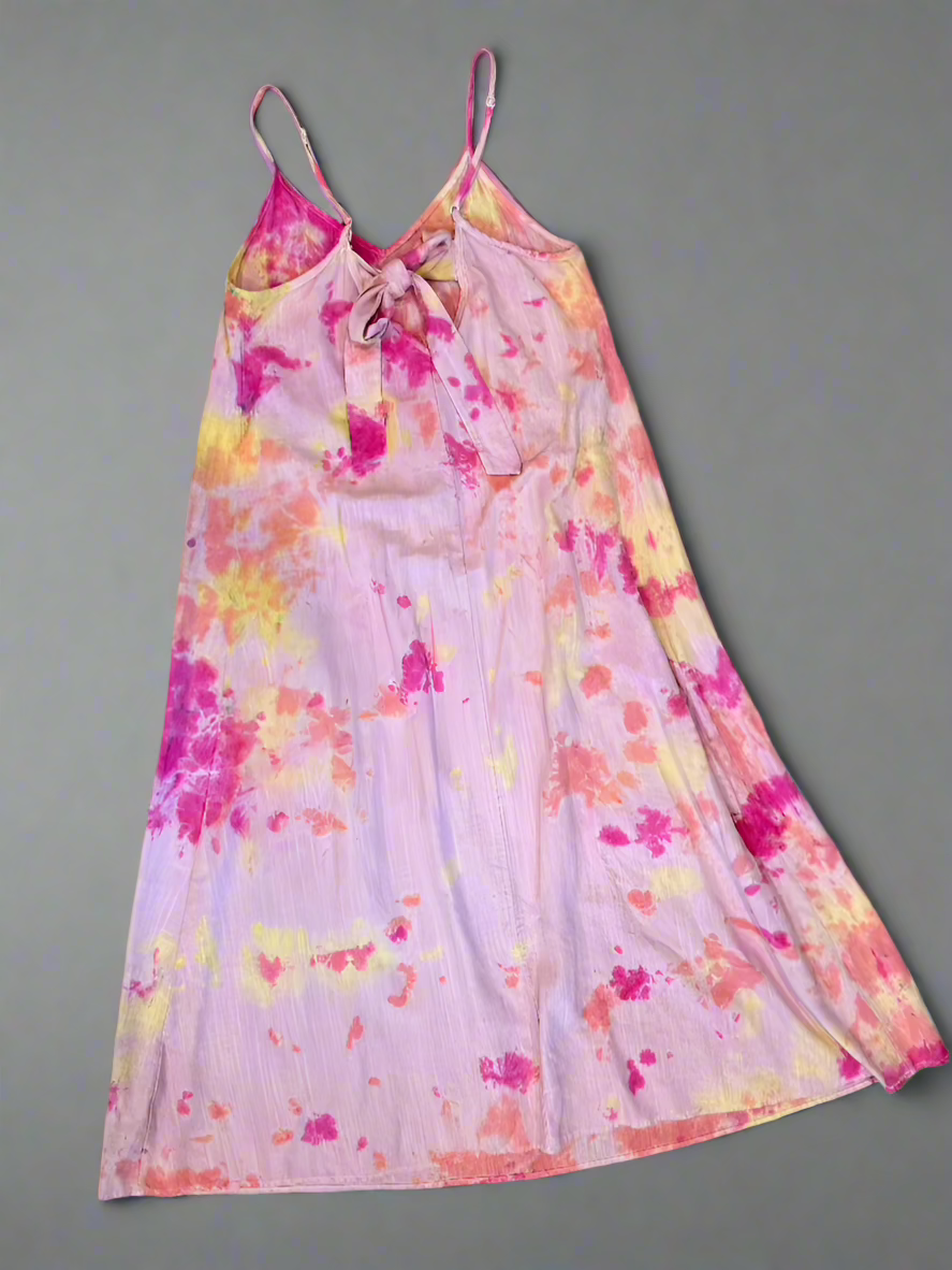 Tie Dye Yellow, Pink, & Coral Splash Halter Loose Solid Color Cotton Linen Dress