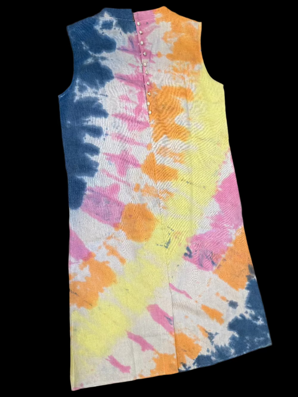Yellow, Orange, Pink & Blue Stripe Tie Dye Tank Dress – Cotton-Linen Boho Dress for Women