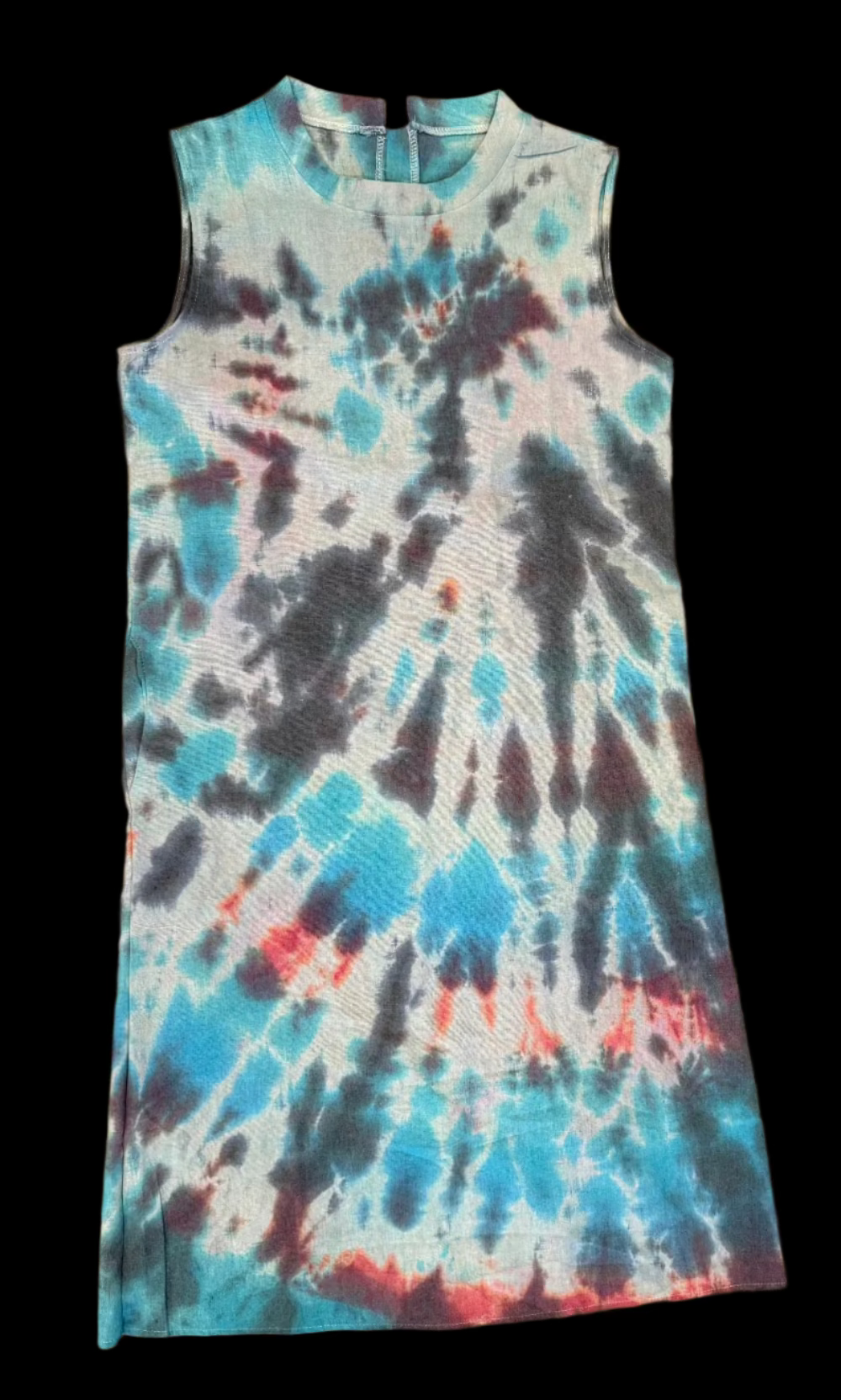 Black, Teal, Red & Purple Splash Tie Dye Tank Dress – Cotton-Linen Boho Dress for Women