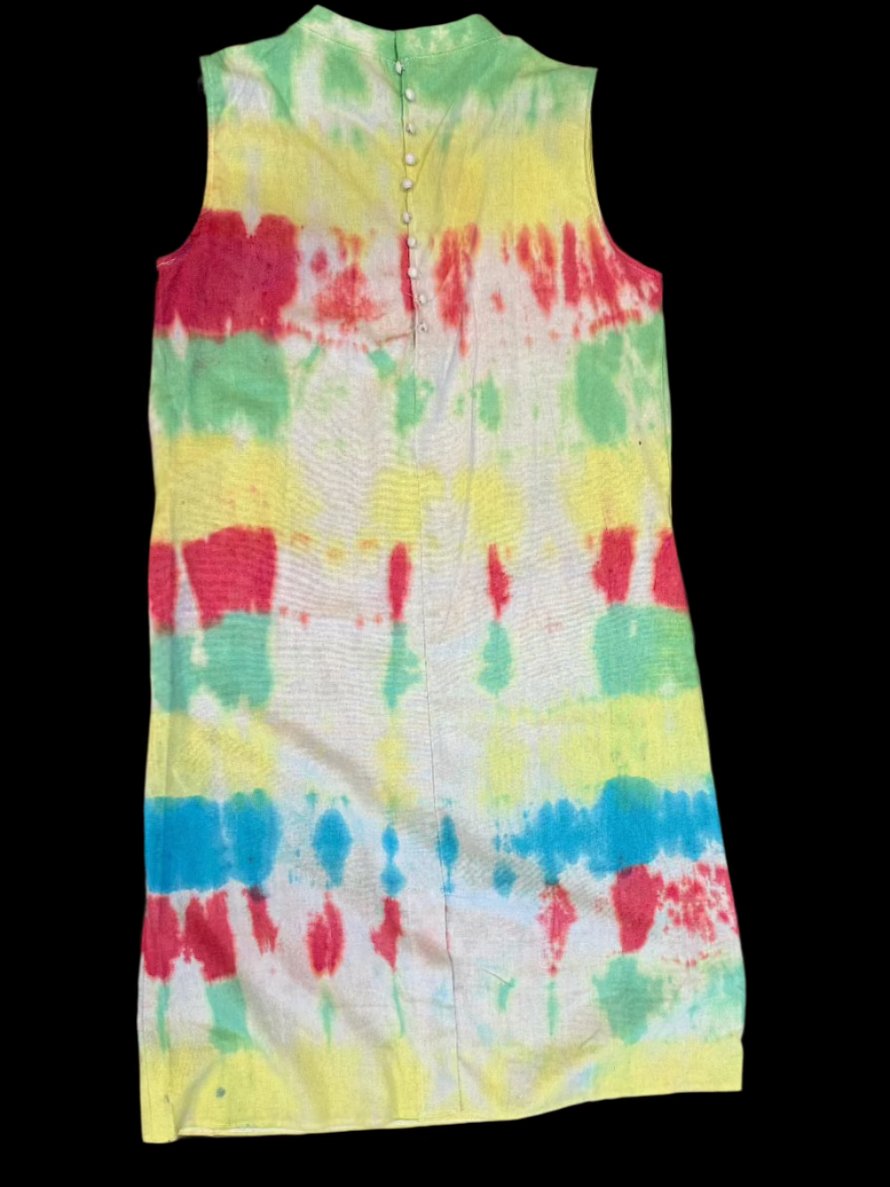 Yellow, Green, Red & Teal Stripe Tie Dye Tank Dress – Cotton-Linen Boho Summer Dress for Women
