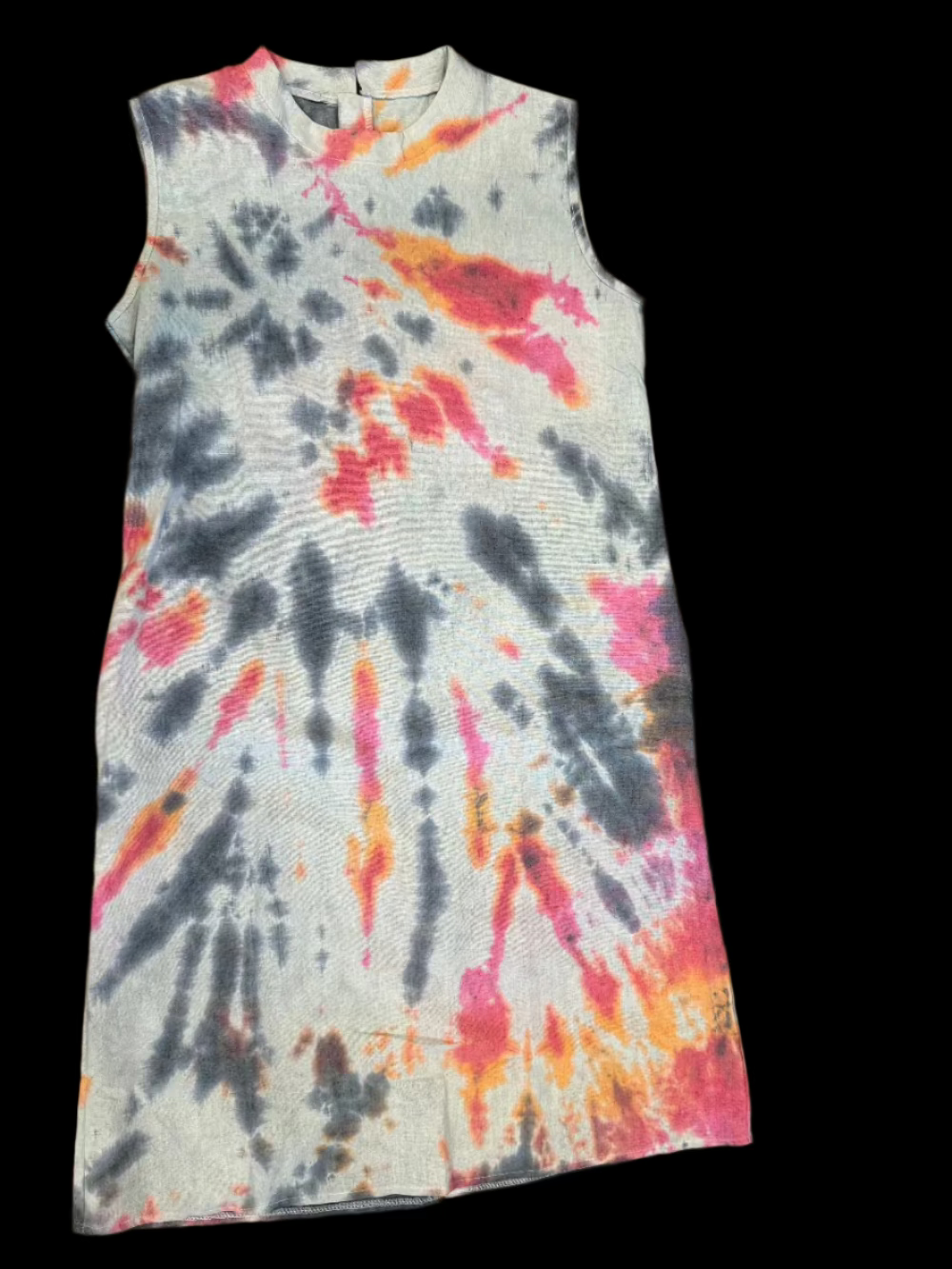 Black, Pink & Orange Splash Tie Dye Tank Dress – Cotton-Linen Boho Dress for Women
