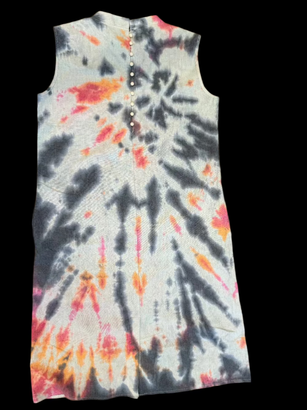 Black, Pink & Orange Splash Tie Dye Tank Dress – Cotton-Linen Boho Dress for Women