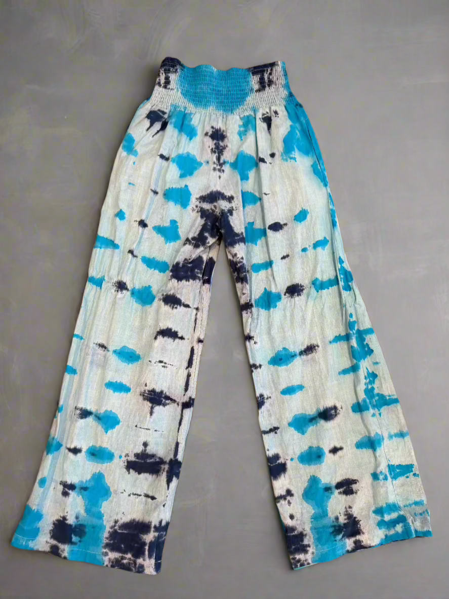 Blue & Teal Tie Dye Boho Slacks – Cotton Mid-Rise Hippie Pants