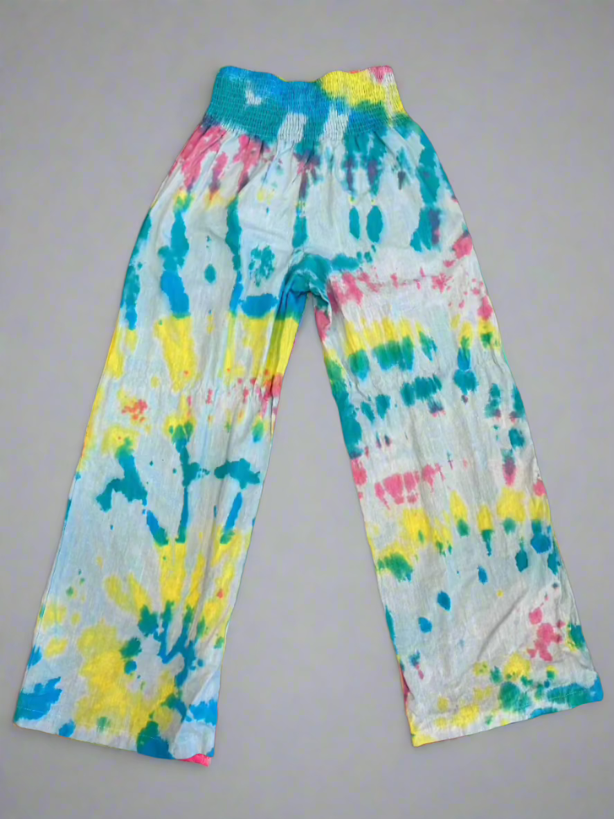 Boho Tie Dye Slacks – Pink, Yellow, Blue & Teal | Cotton Mid-Rise Pants