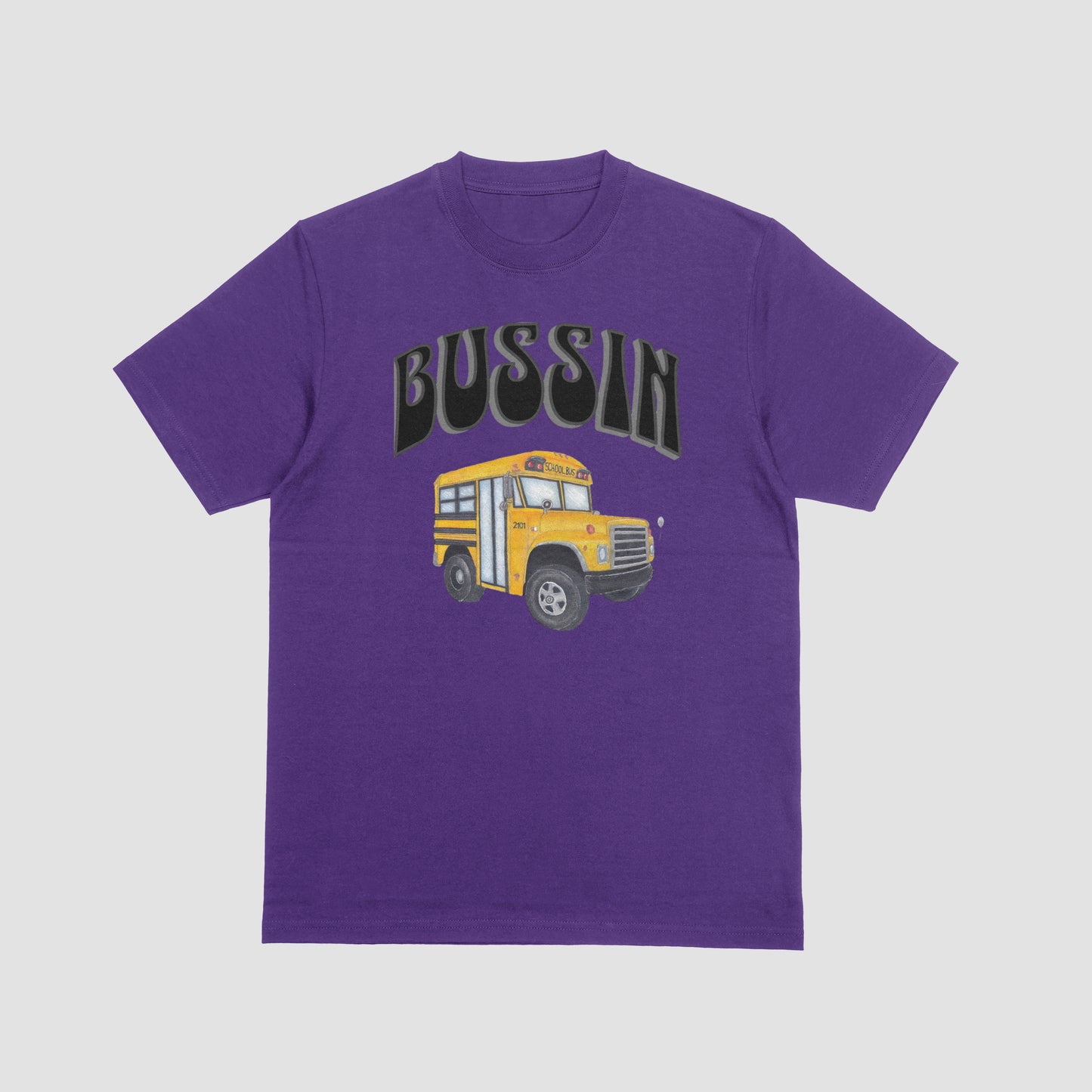 Purple t-shirt with a yellow school bus graphic and 'BUSSIN' text on a purple background
