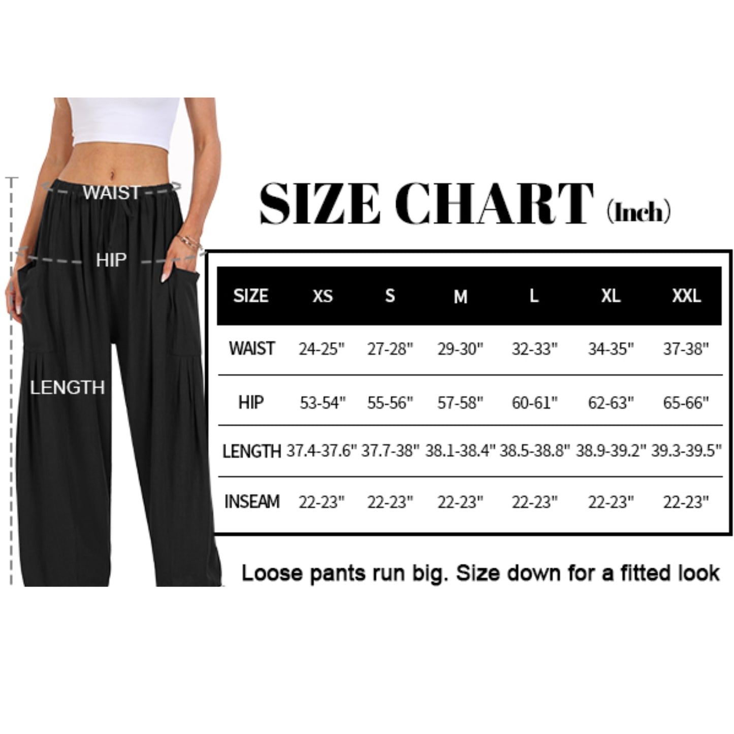 Black pants with a size chart on a white background