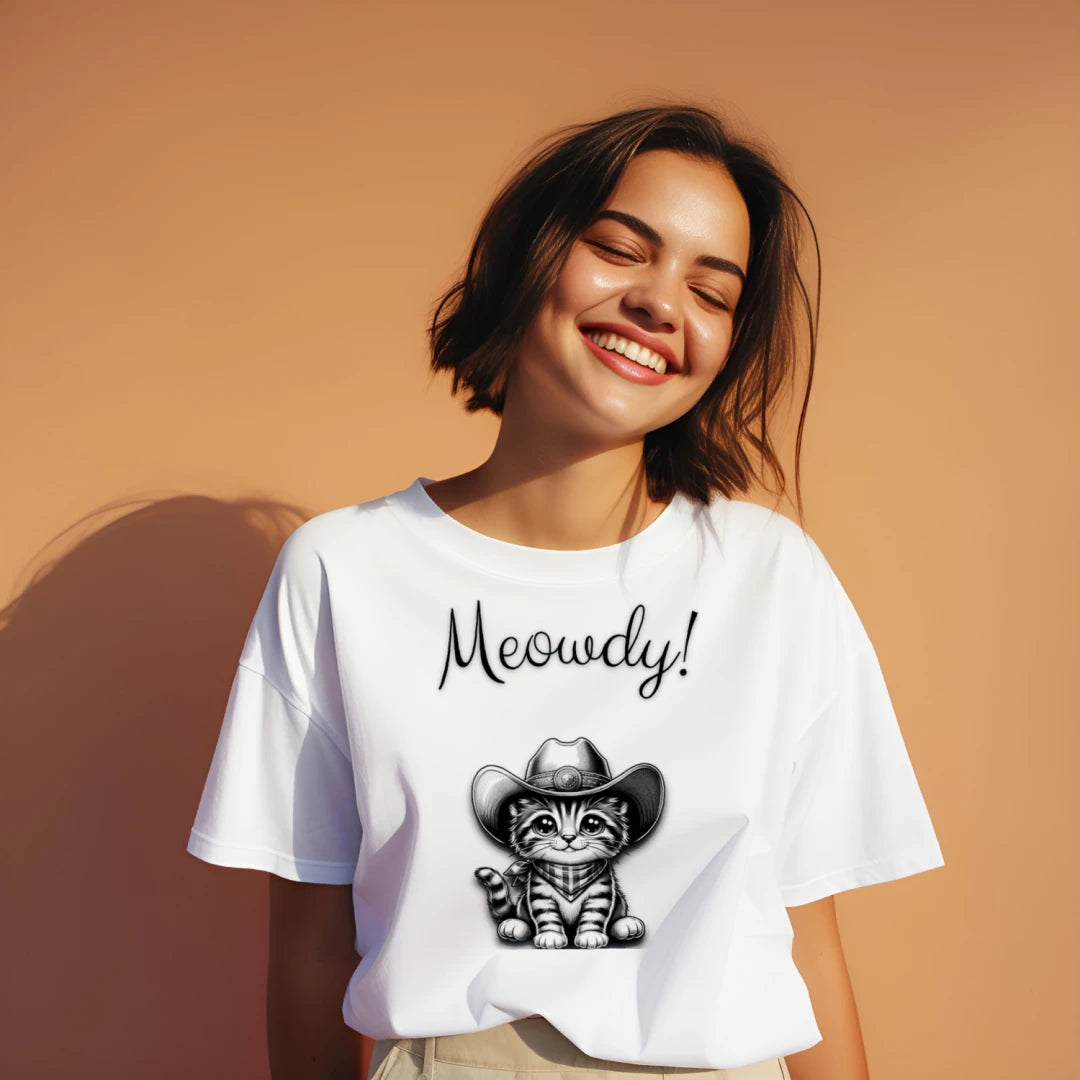 “Meowdy” cat cowboy graphic t-shirt by Mitten Hippie Apparel – funny, artistic, eco-friendly