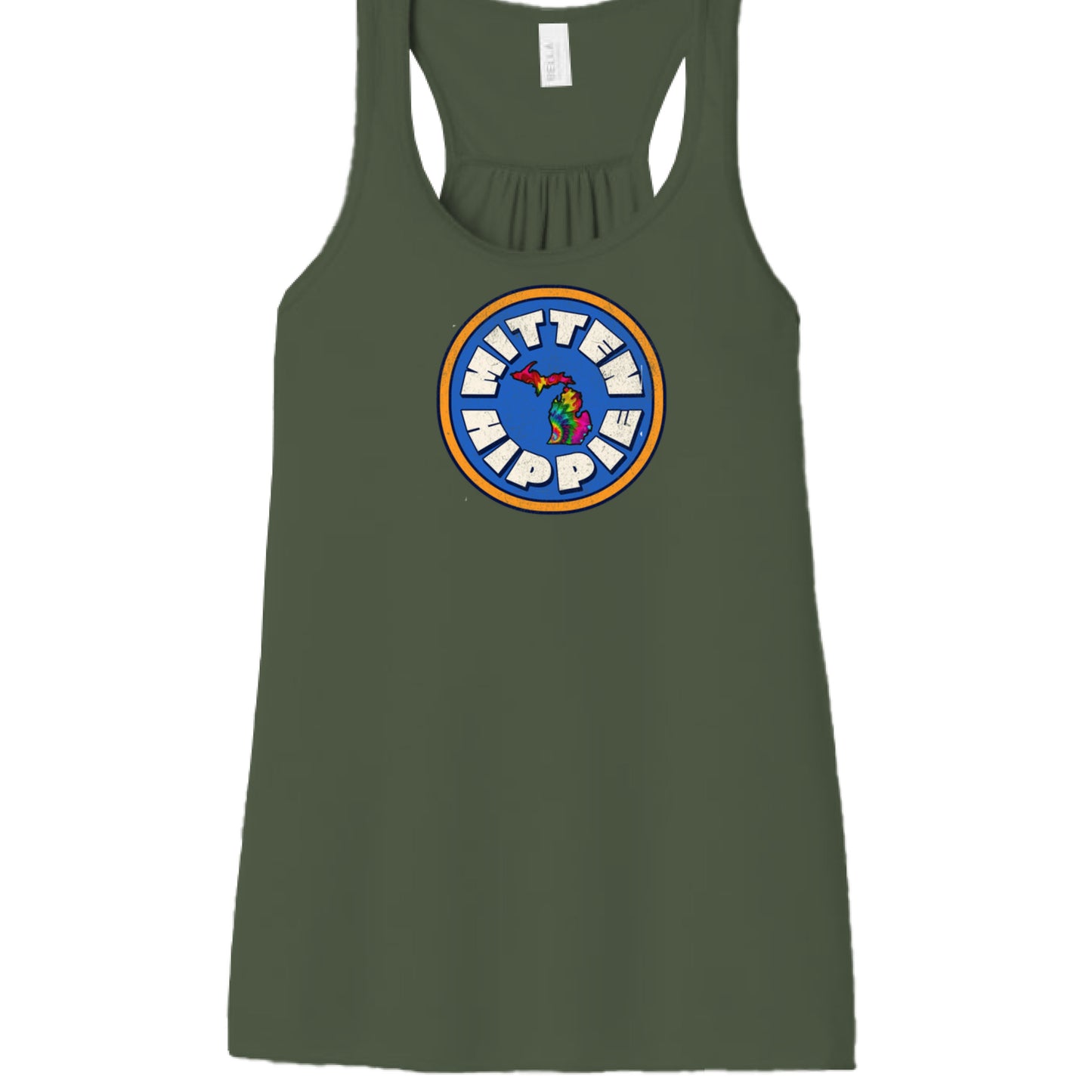 Military Green - FRONT Blue-Yellow Mitten Hippie Logo racerback tank top with Michigan logo by Mitten Hippie Apparel, floaty tank
