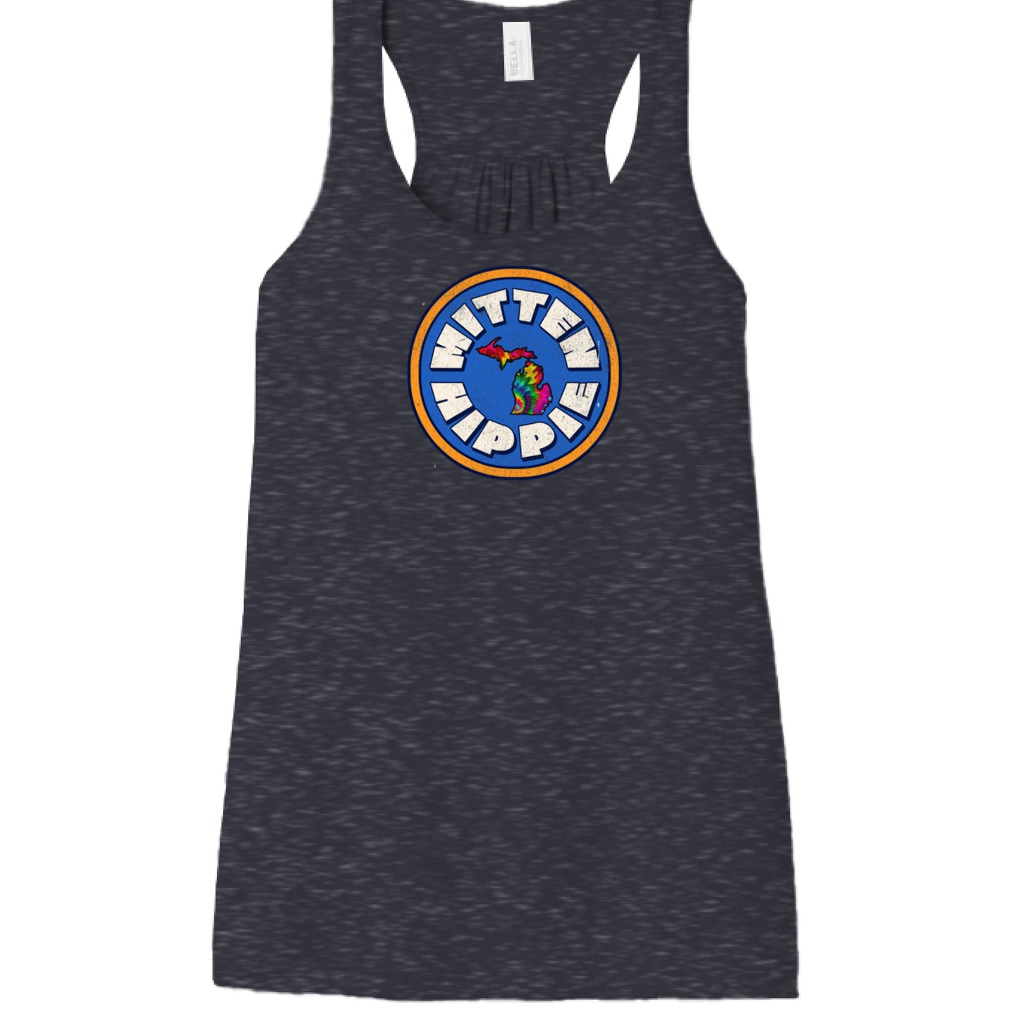 HEATHER NAVY - FRONT Blue-Yellow Mitten Hippie Logo racerback tank top with Michigan logo by Mitten Hippie Apparel, floaty tank