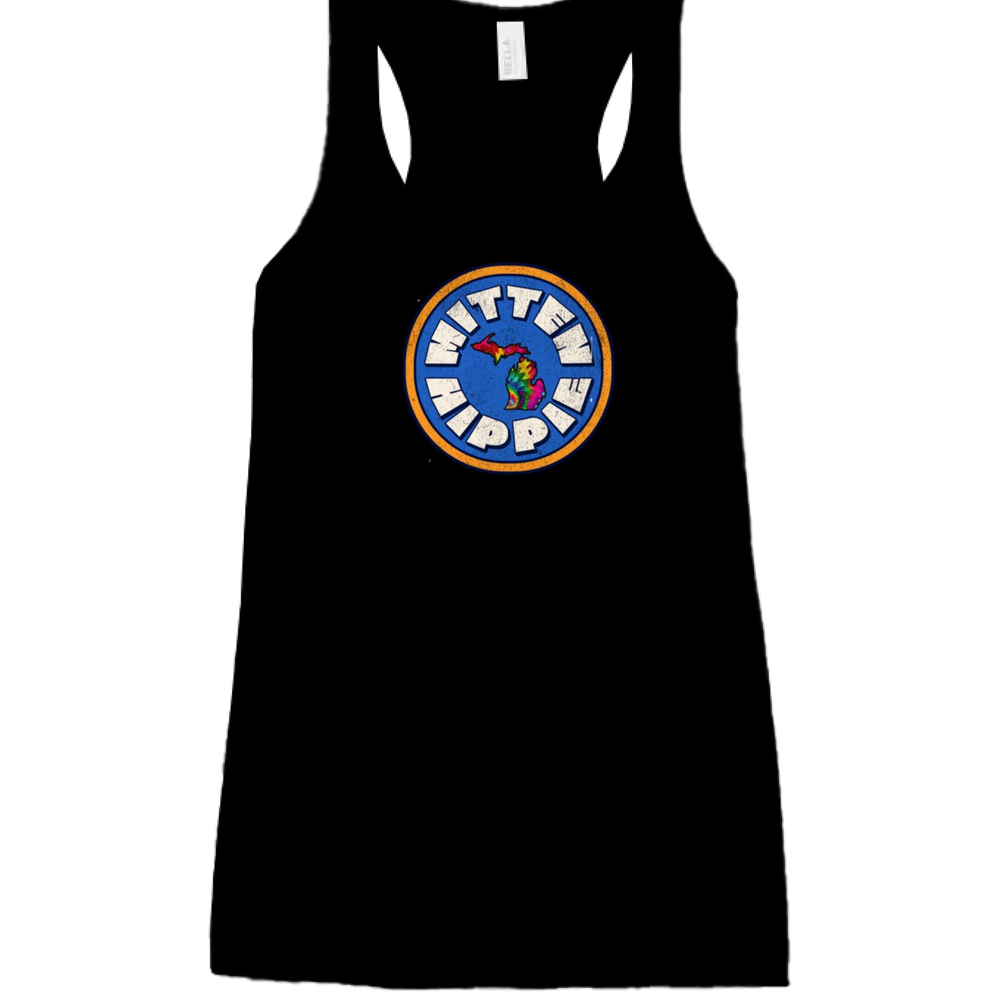 BLACK - FRONT Blue-Yellow Mitten Hippie Logo racerback tank top with Michigan logo by Mitten Hippie Apparel, floaty tank