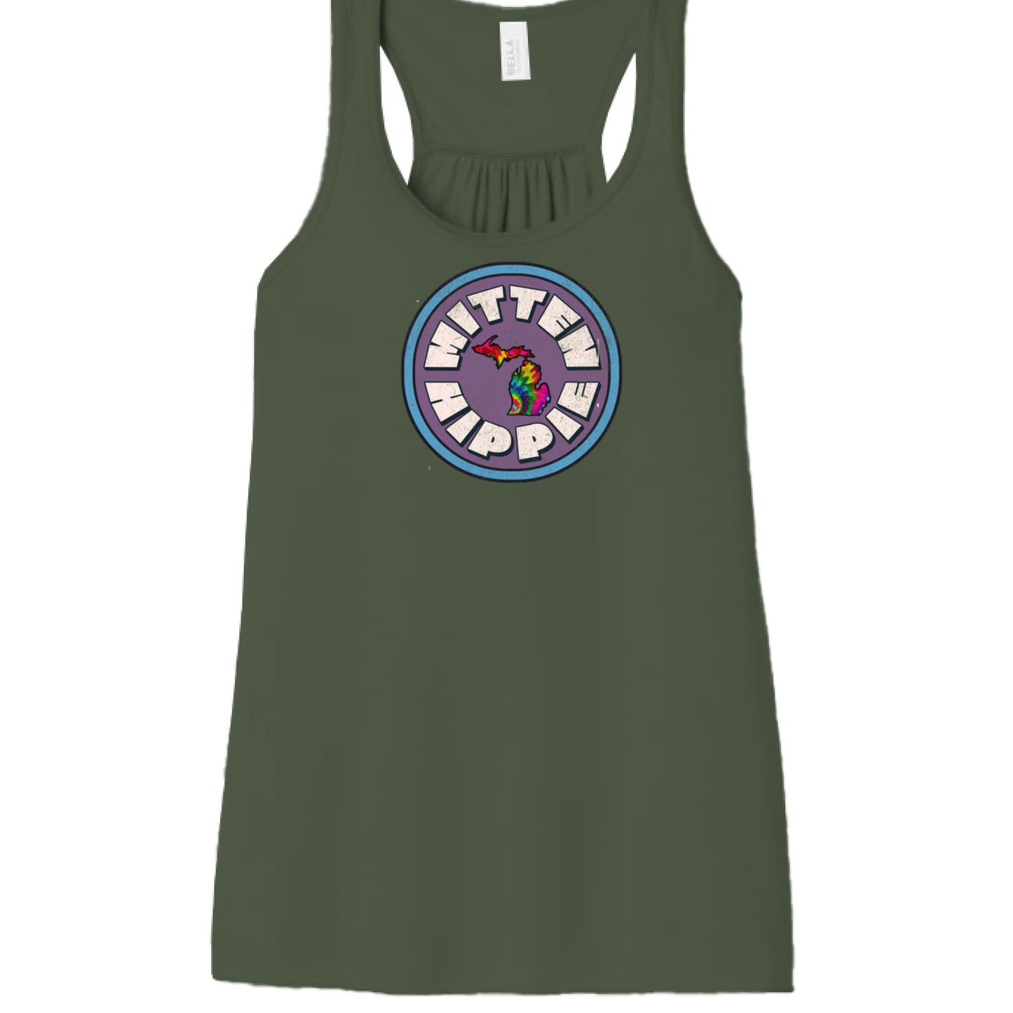 Military Green - FRONT Purple Blue Mitten Hippie Logo racerback tank top Michigan logo by Mitten Hippie Apparel, floaty tank