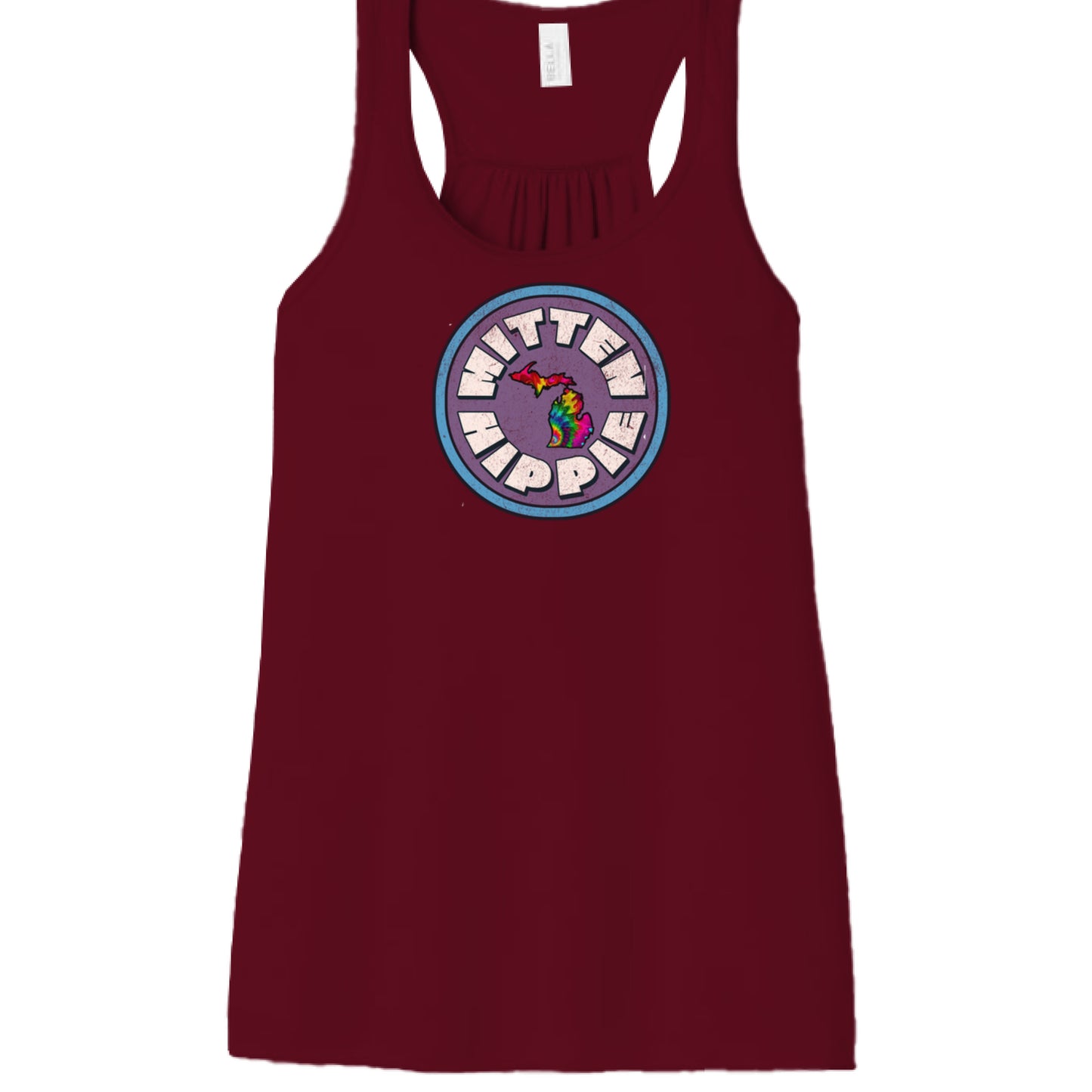 MAROON - FRONT Purple Blue Mitten Hippie Logo racerback tank top Michigan logo by Mitten Hippie Apparel, floaty tank