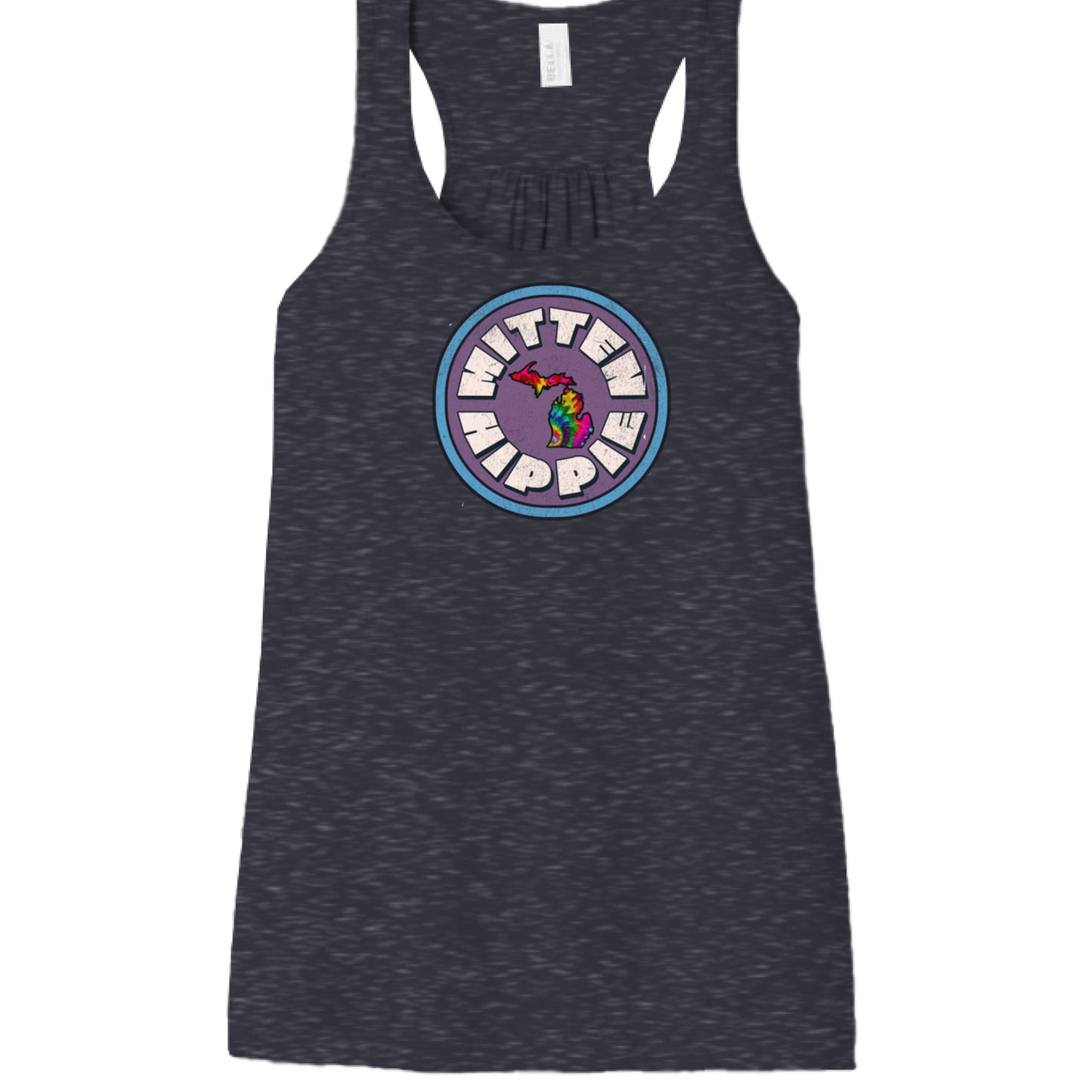 HEATHER NAVY - FRONT Purple Blue Mitten Hippie Logo racerback tank top Michigan logo by Mitten Hippie Apparel, floaty tank
