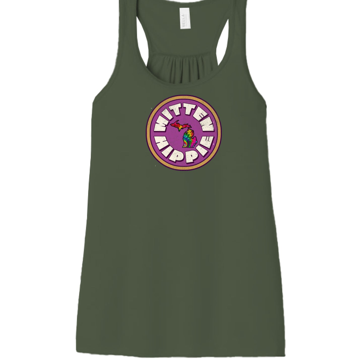 Military Green - FRONT Pink Mustard Mitten Hippie Logo racerback tank top with Michigan logo by Mitten Hippie Apparel, floaty tank