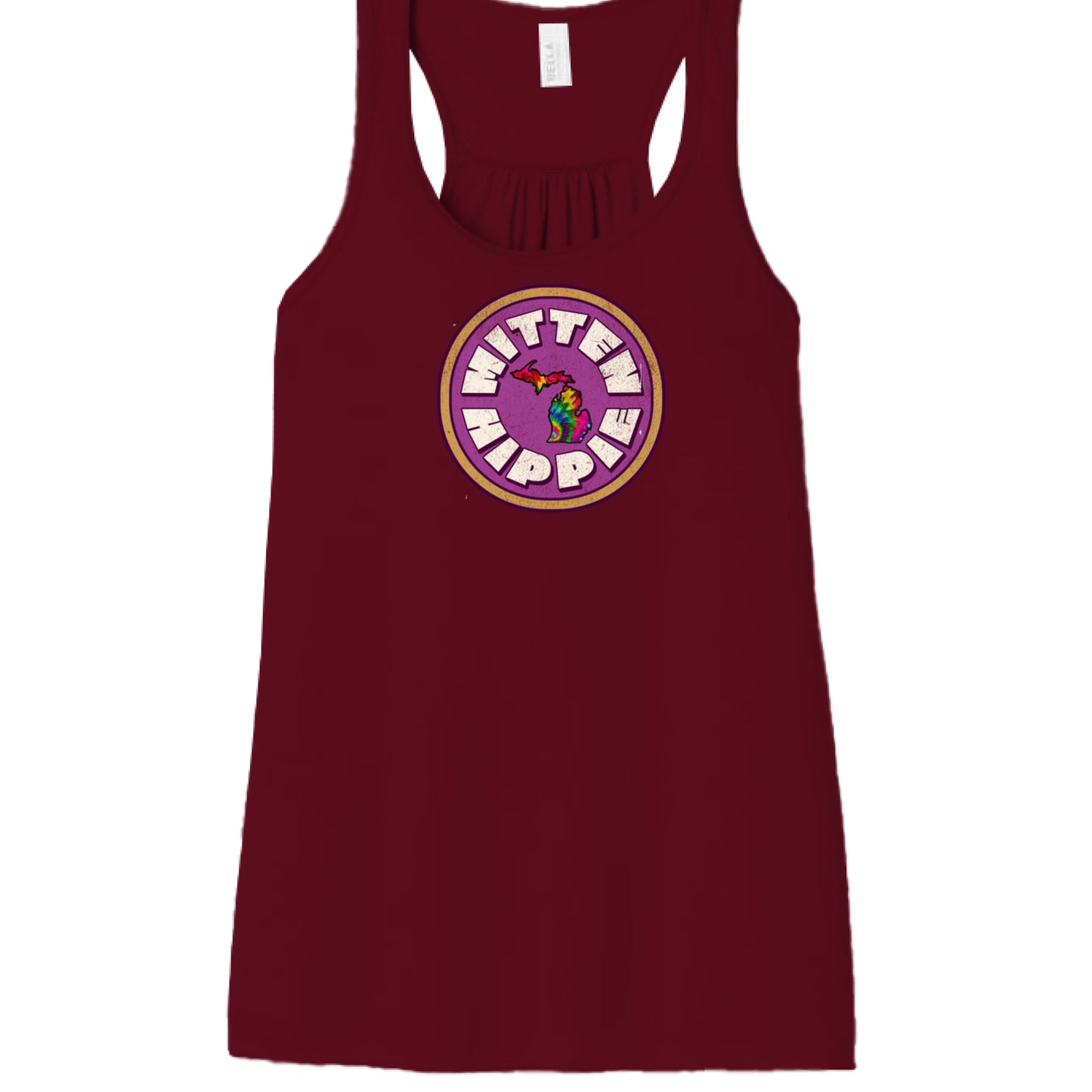 MAROON - FRONT Pink Mustard Mitten Hippie Logo racerback tank top with Michigan logo by Mitten Hippie Apparel, floaty tank
