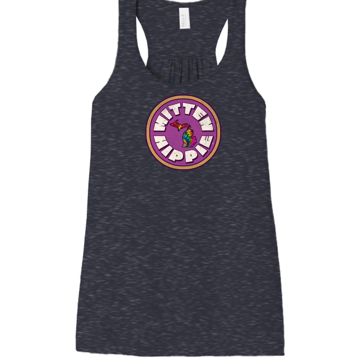 HEATHER NAVY - FRONT Pink Mustard Mitten Hippie Logo racerback tank top with Michigan logo by Mitten Hippie Apparel, floaty tank