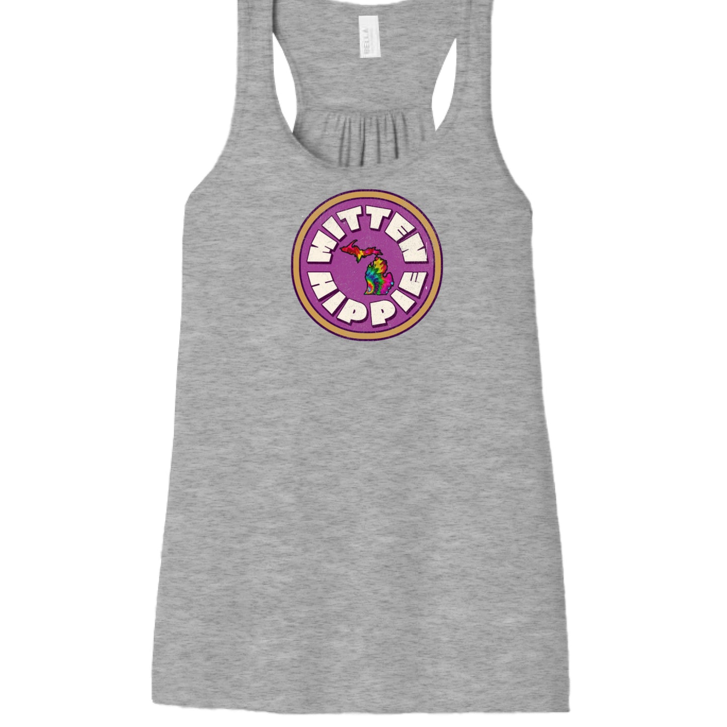 ATHLETIC HEATHER - FRONT Pink Mustard Mitten Hippie Logo racerback tank top with Michigan logo by Mitten Hippie Apparel, floaty tank