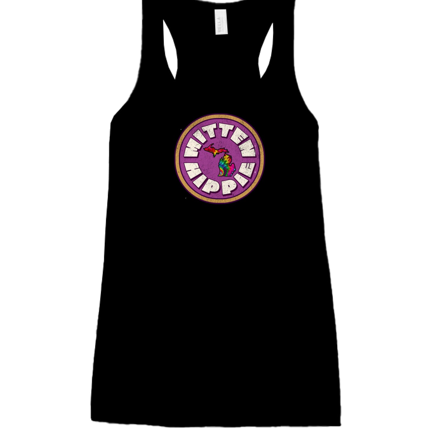 BLACK - FRONT Pink Mustard Mitten Hippie Logo racerback tank top with Michigan logo by Mitten Hippie Apparel, floaty tank