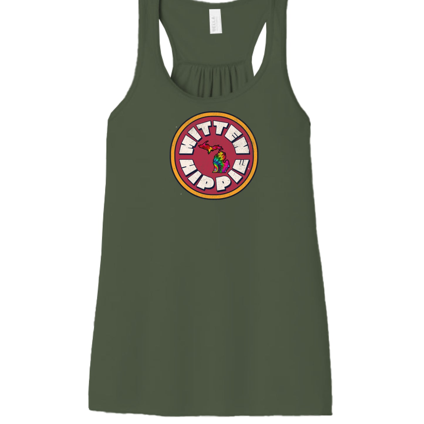 Military Green - FRONT Red Yellow Mitten Hippie Logo racerback tank top with Michigan logo by Mitten Hippie Apparel, floaty tank