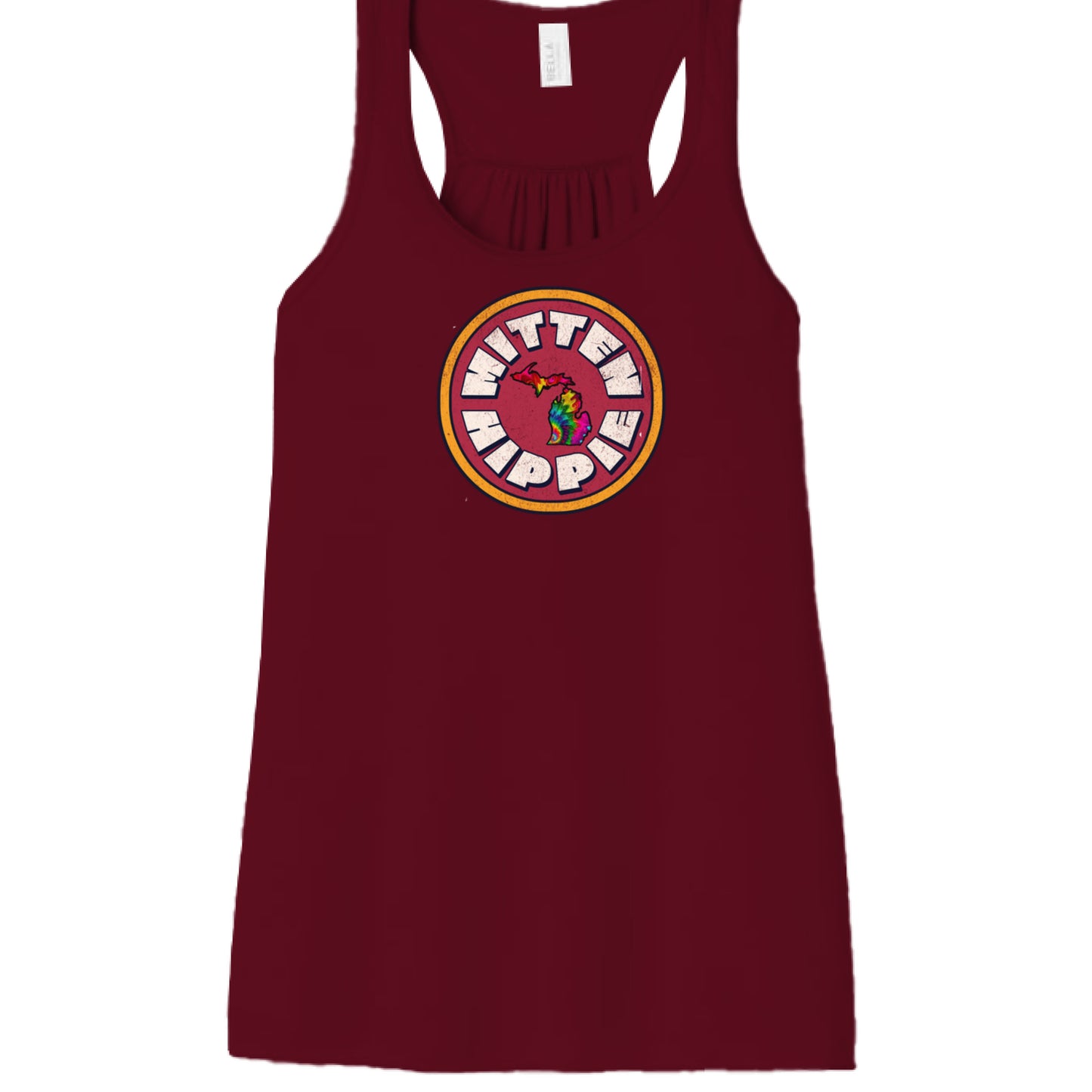 MAROON - FRONT Red Yellow Mitten Hippie Logo racerback tank top with Michigan logo by Mitten Hippie Apparel, floaty tank