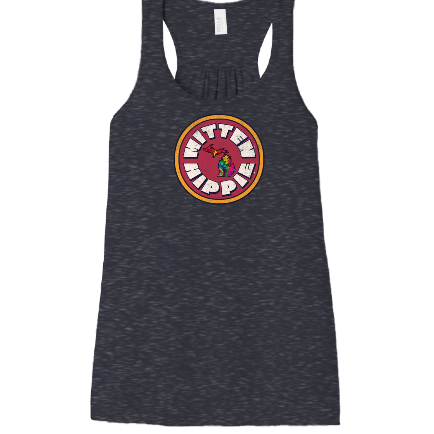 HEATHER NAVY - FRONT Red Yellow Mitten Hippie Logo racerback tank top with Michigan logo by Mitten Hippie Apparel, floaty tank