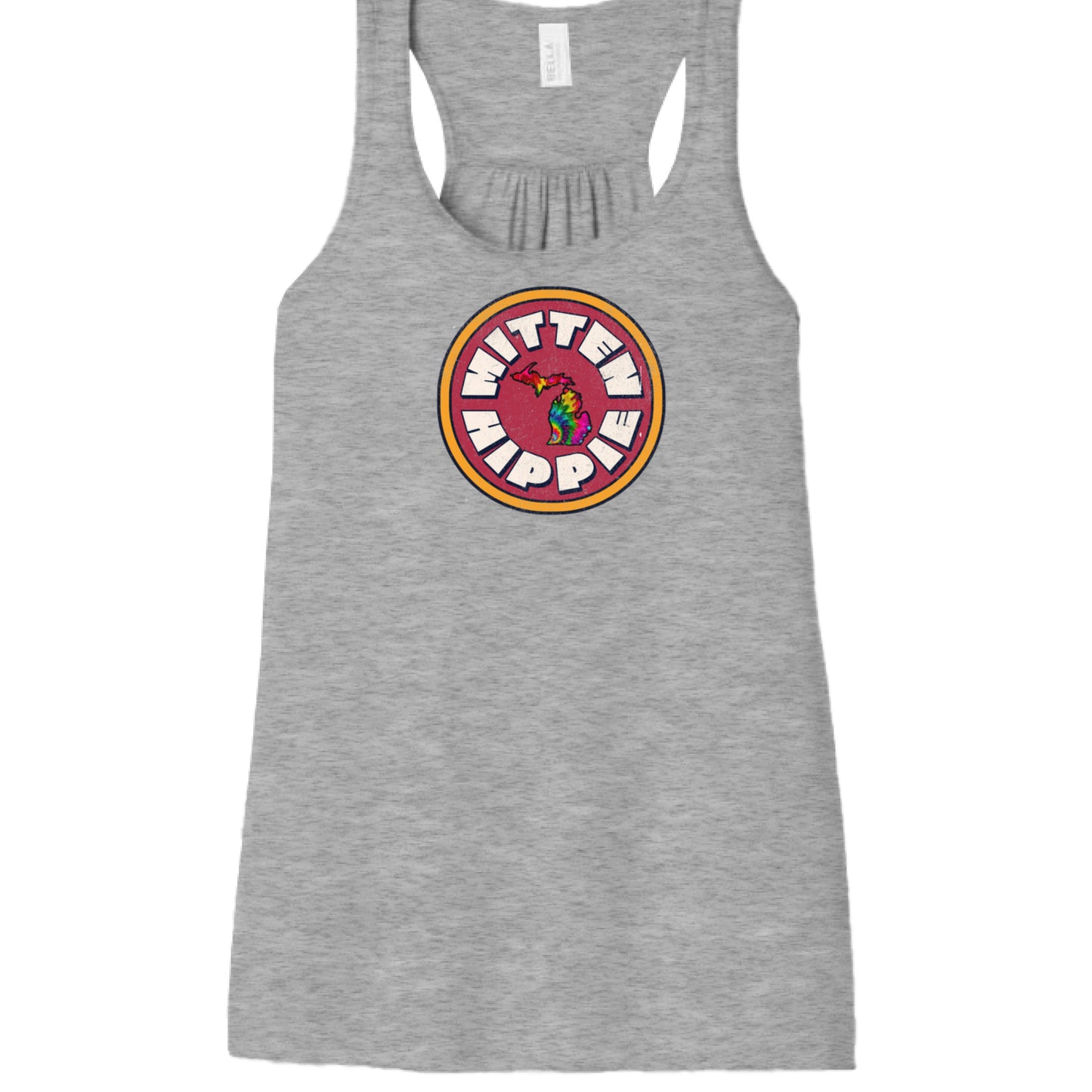 ATHLETIC HEATHER - FRONT Red Yellow Mitten Hippie Logo racerback tank top with Michigan logo by Mitten Hippie Apparel, floaty tank