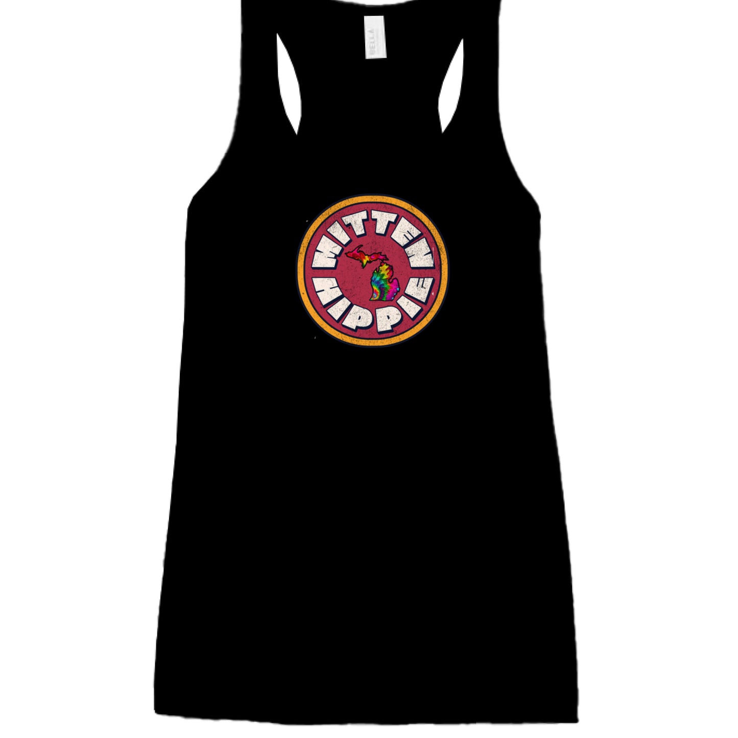 BLACK - FRONT Red Yellow Mitten Hippie Logo racerback tank top with Michigan logo by Mitten Hippie Apparel, floaty tank