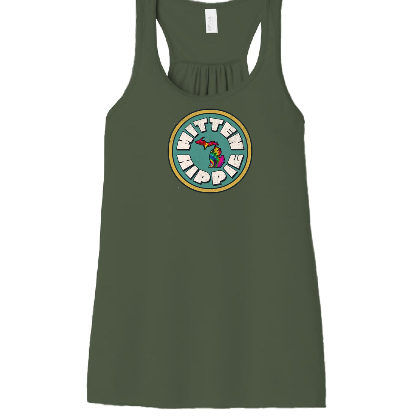 Military Green - FRONT Teal Yellow Mitten Hippie Logo racerback tank top with hand-drawn Michigan logo by Mitten Hippie Apparel, floaty tank