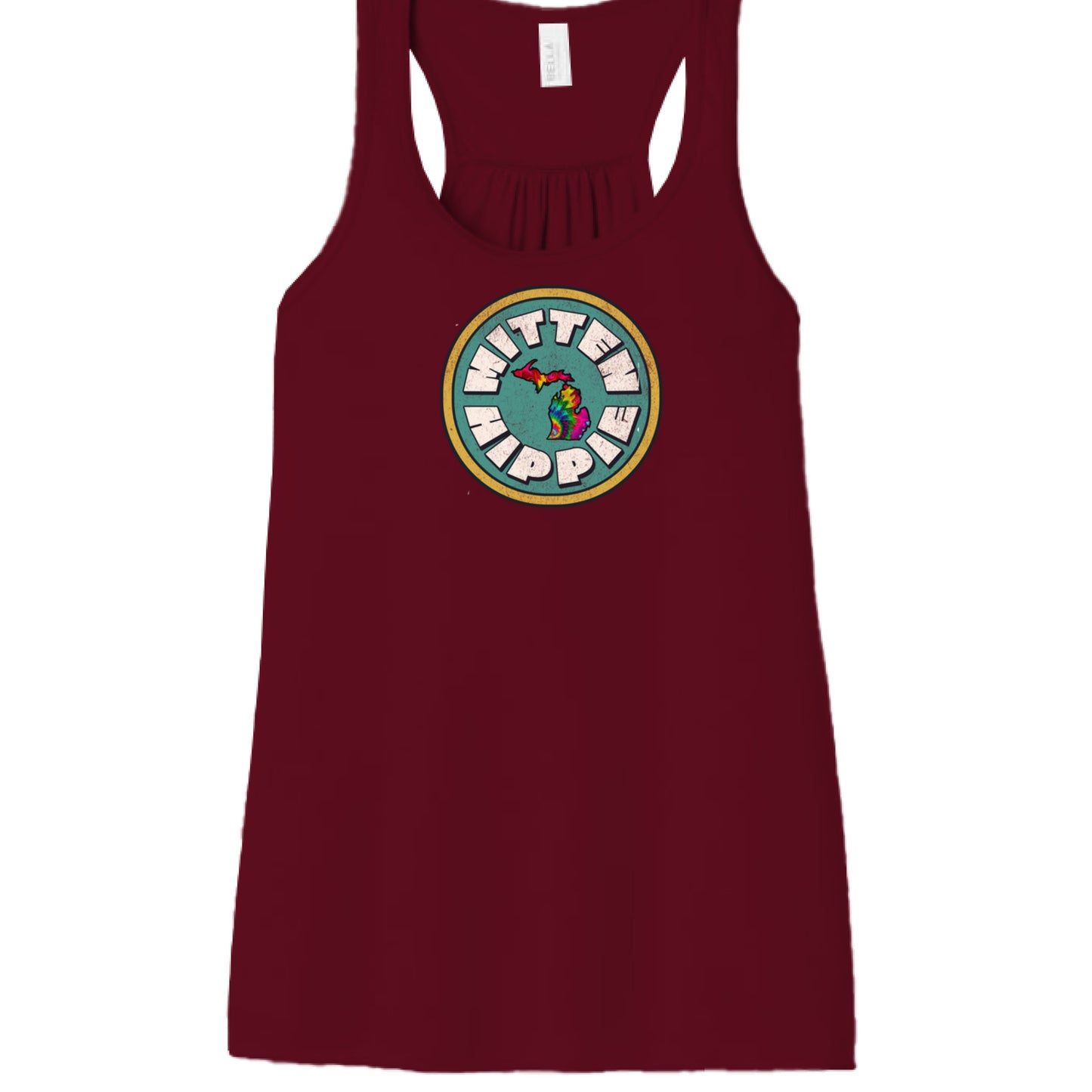 MAROON - FRONT Teal Yellow Mitten Hippie Logo racerback tank top with hand-drawn Michigan logo by Mitten Hippie Apparel, floaty tank
