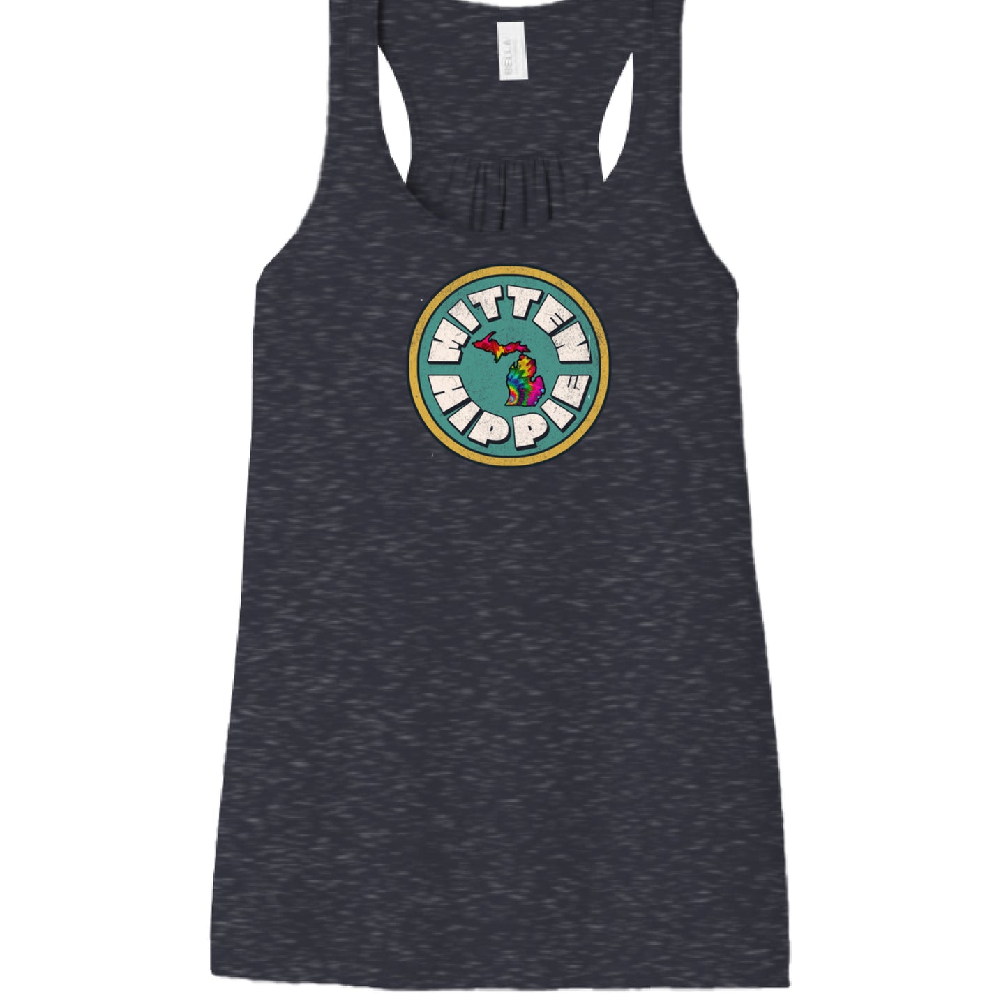 HEATHER NAVY - FRONT Teal Yellow Mitten Hippie Logo racerback tank top with hand-drawn Michigan logo by Mitten Hippie Apparel, floaty tank