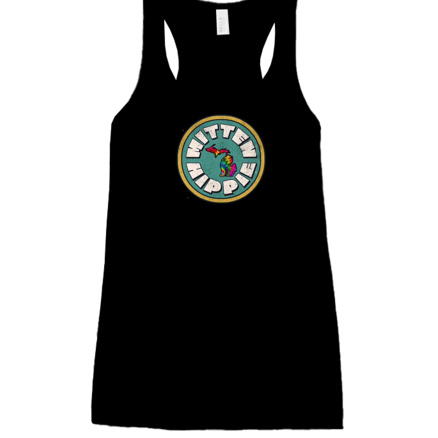 BLACK - FRONTTeal Yellow Mitten Hippie Logo racerback tank top with hand-drawn Michigan logo by Mitten Hippie Apparel, floaty tank