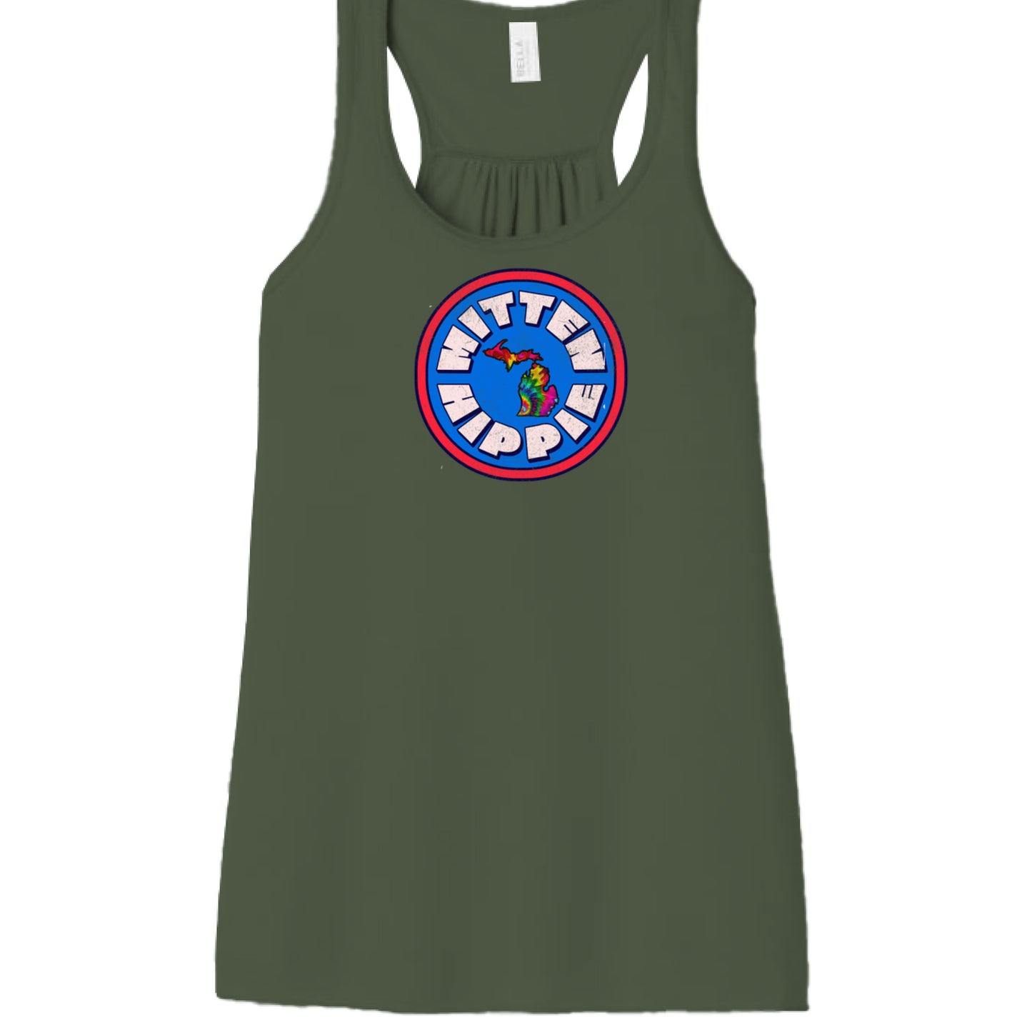 Military Green - FRONT Blue Red Mitten Hippie Logo tank top with hand-drawn Michigan logo by Mitten Hippie Apparel, racerback