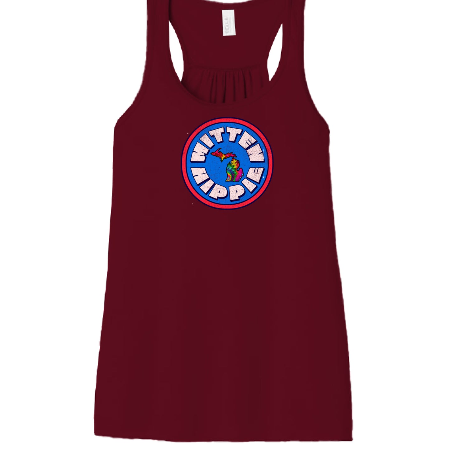 MAROON - FRONT Blue Red Mitten Hippie Logo tank top with hand-drawn Michigan logo by Mitten Hippie Apparel, racerback