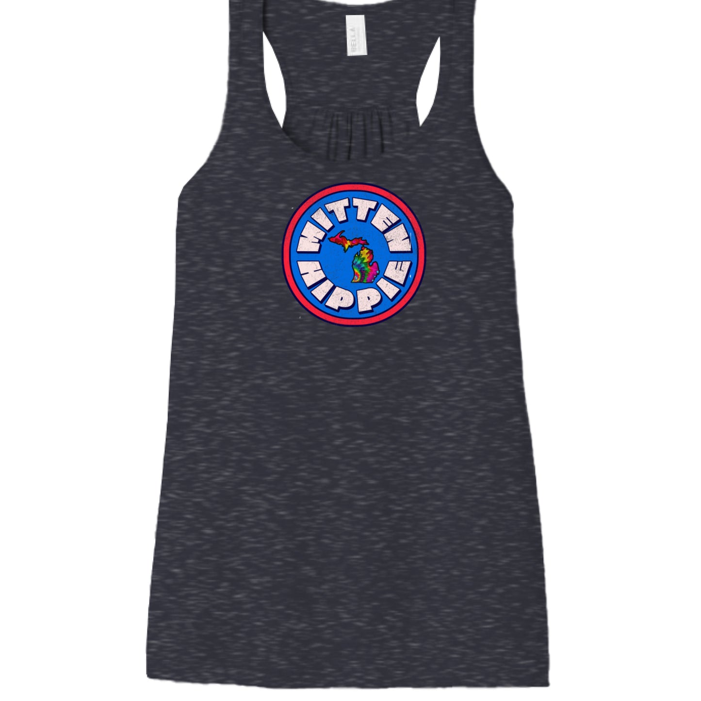 HEATHER NAVY - FRONT Blue Red Mitten Hippie Logo tank top with hand-drawn Michigan logo by Mitten Hippie Apparel, racerback