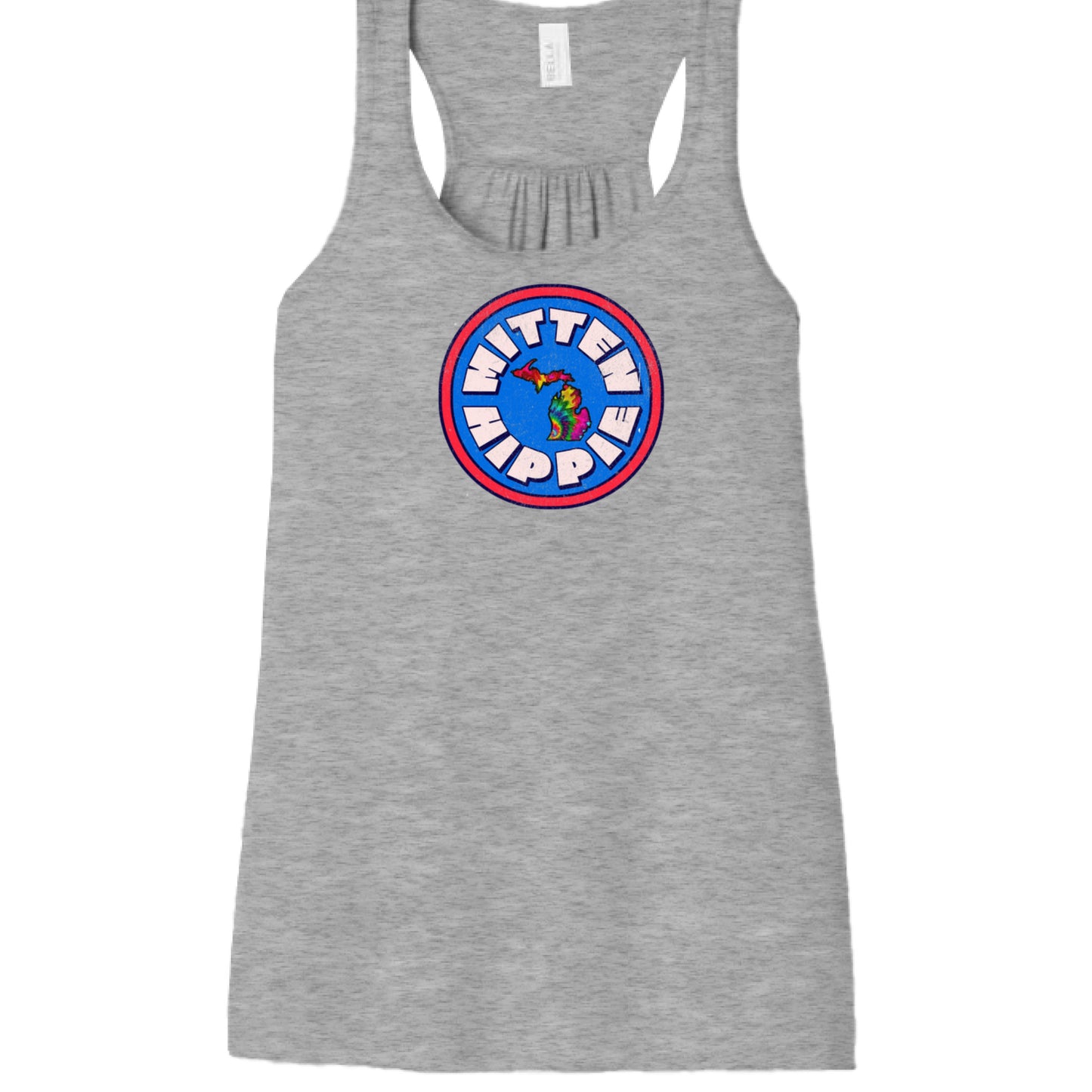 ATHLETIC HEATHER - FRONT Blue Red Mitten Hippie Logo tank top with hand-drawn Michigan logo by Mitten Hippie Apparel, racerback